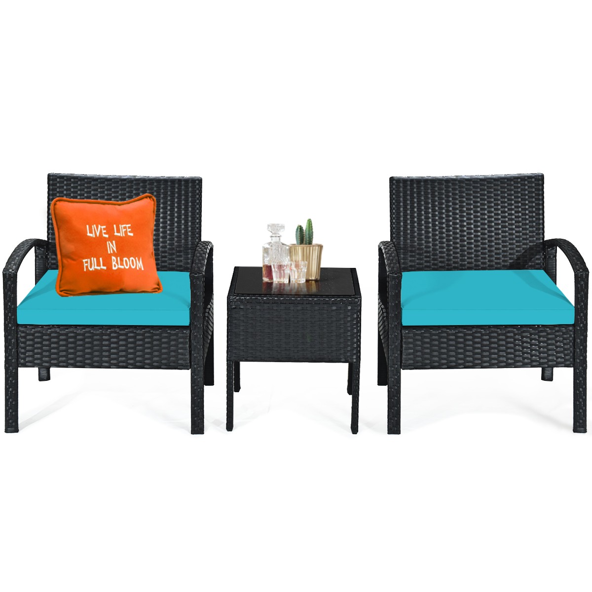 Patiojoy 3PCS Patio Rattan Furniture Set Conversation Sofa Cushioned Turquoise
