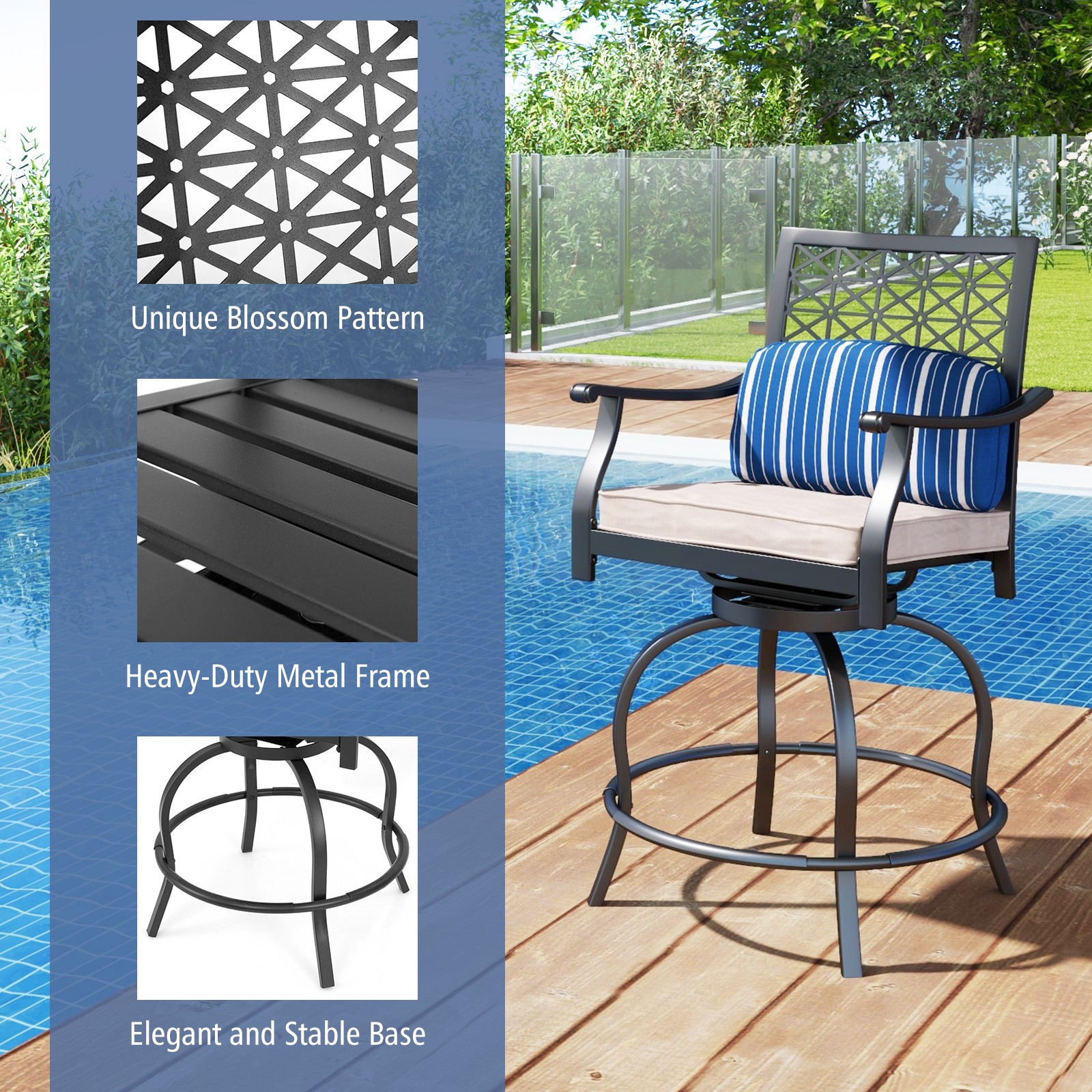 Patio 4 Swivel Bar Stools Steel Chairs w/ Armrests & Colorful Cushions Rocking