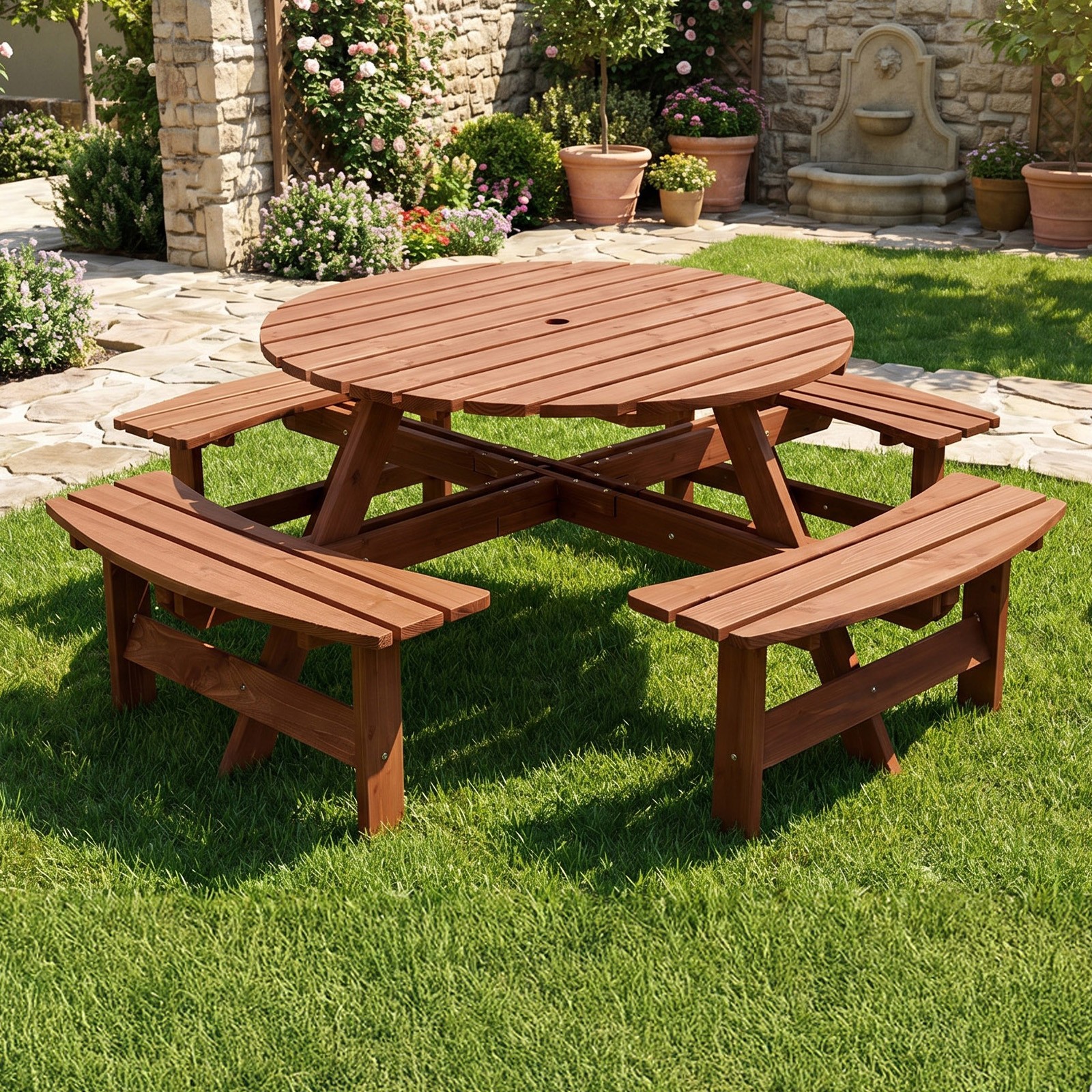 Patio 8-Person Wooden Table Set with 4 Benches, Umbrella Hole for Indoor Outdoor