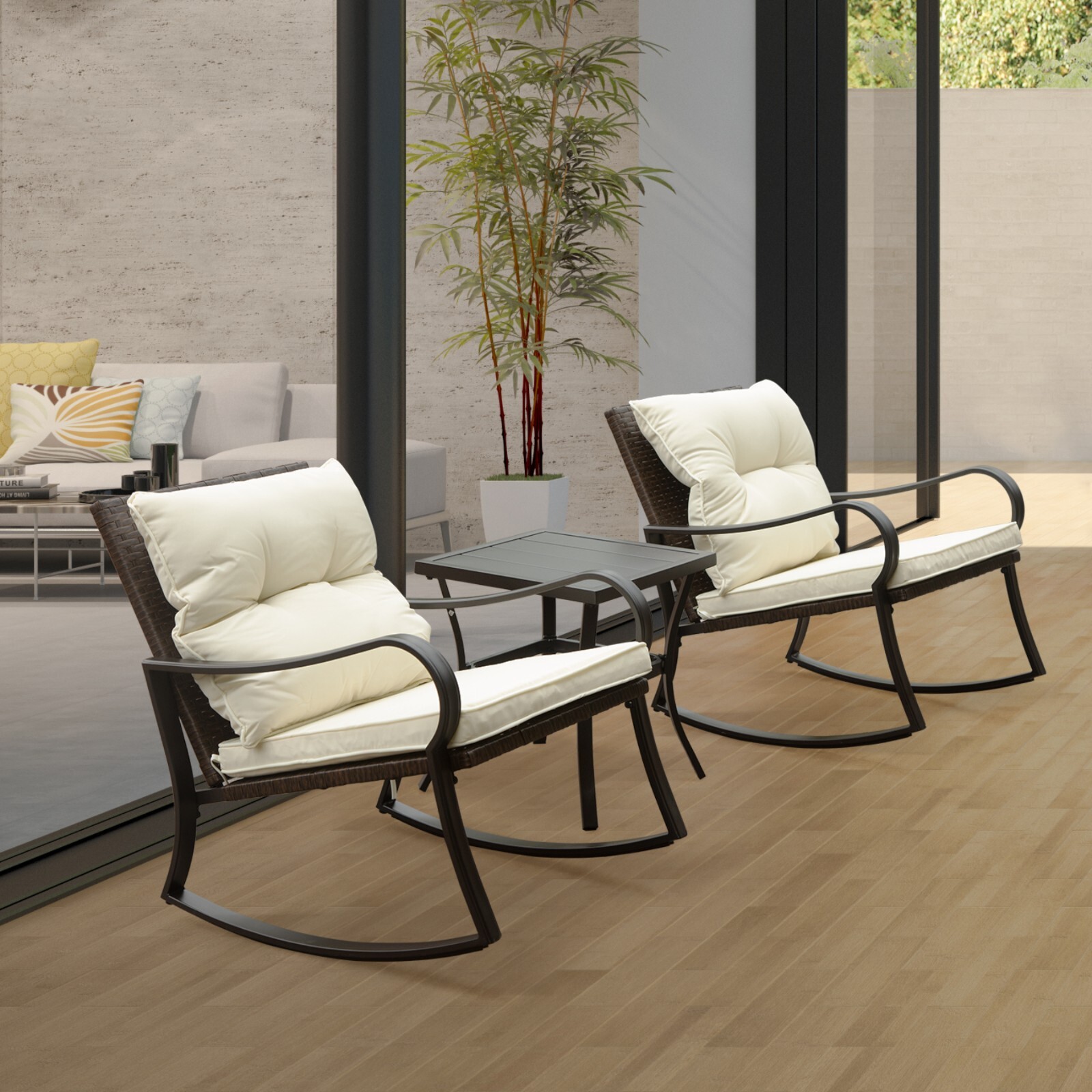 Domi 3 Pieces Bistro Set Outdoor Rocking Chair Wicker Patio Set w/1 Table