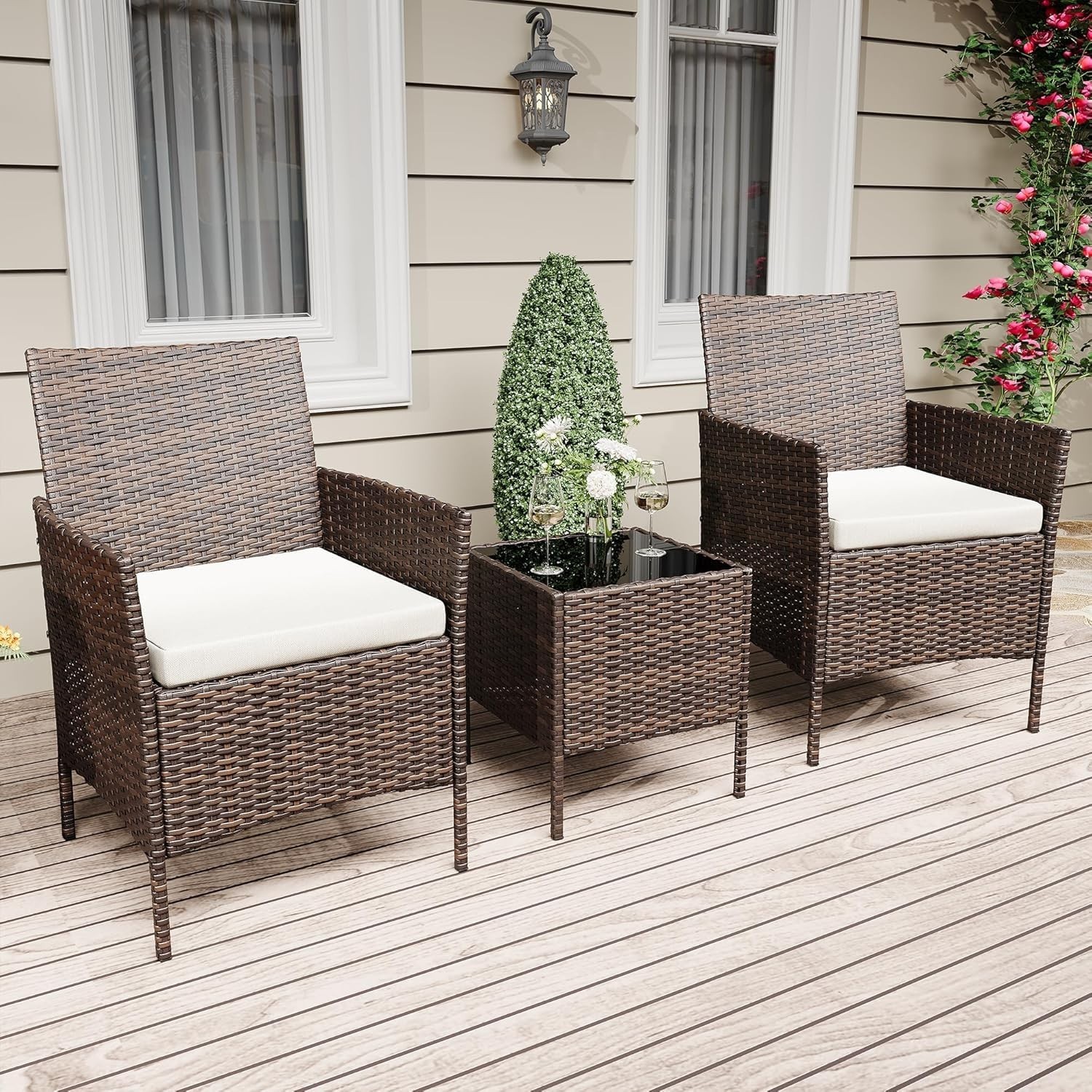 3-Pieces Patio Furniture Set Outdoor Sectional Sofa Rattan Wicker Sofa Brown