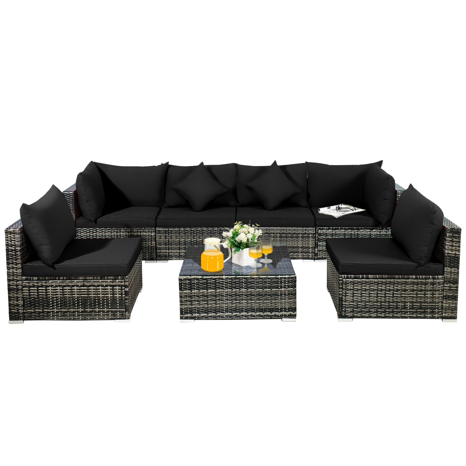 Patiojoy Patio 7PCS Rattan Furniture Set Sectional Sofa Garden Black Cushion
