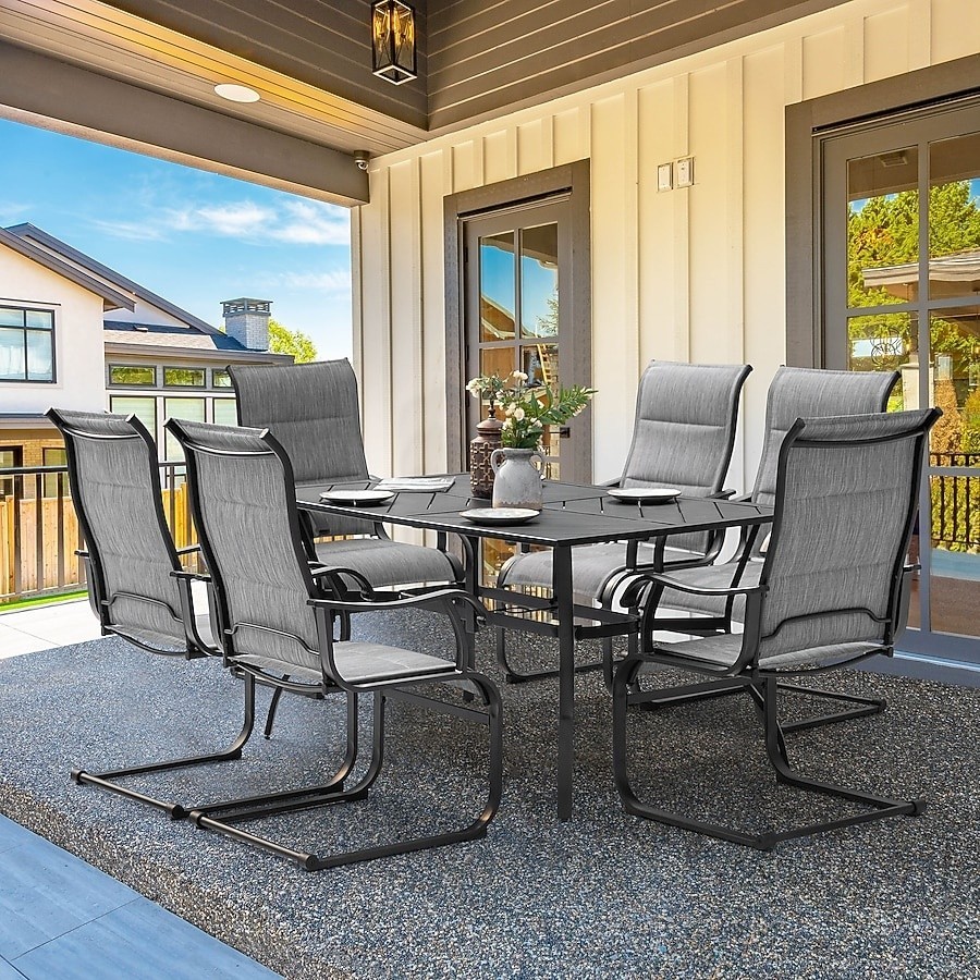 Nuu Garden 7Pc Black Patio Dining Set Iron Rectangle Table with 6 Light gray