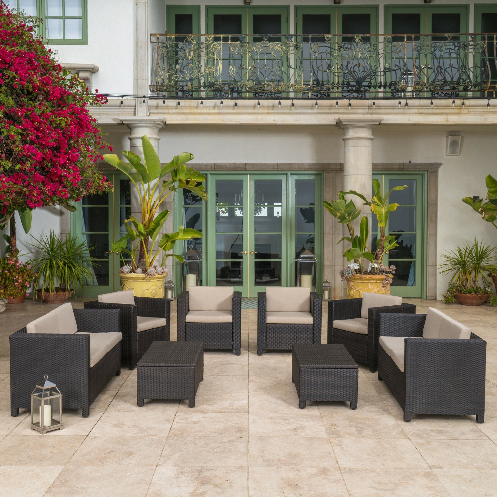 Feronia Outdoor 8 Pc Wicker Chat Set w/ Water Resistant Cushions