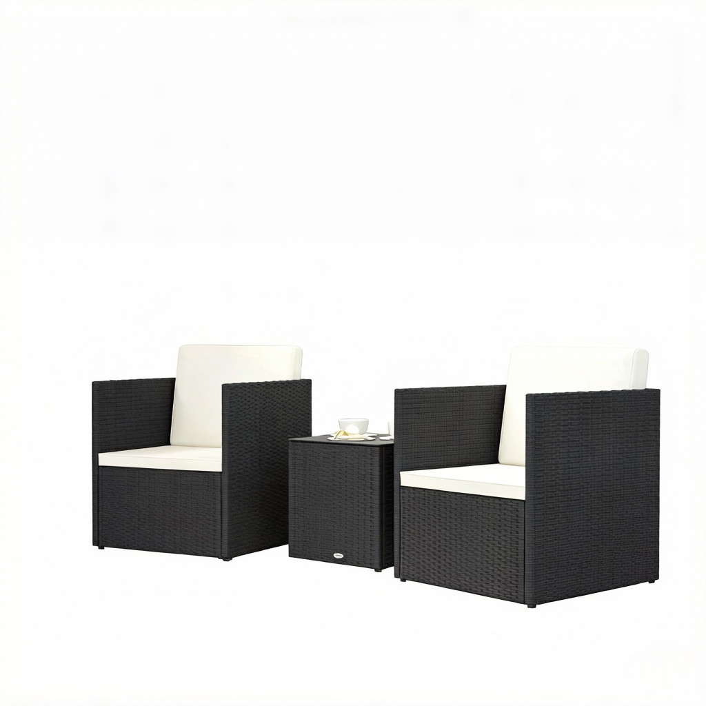 3-Piece Folding Bistro Set, PE Rattan & Steel Frame, Black & White