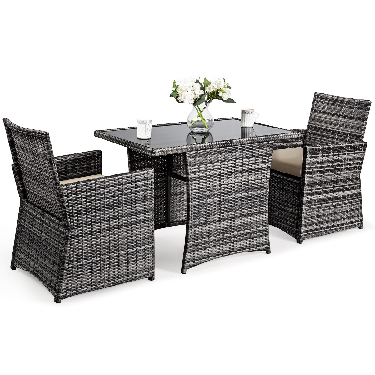 3PCS Outdoor Patio Rattan Wicker Furniture Set Armrest Sofa Cushion Mix Gray