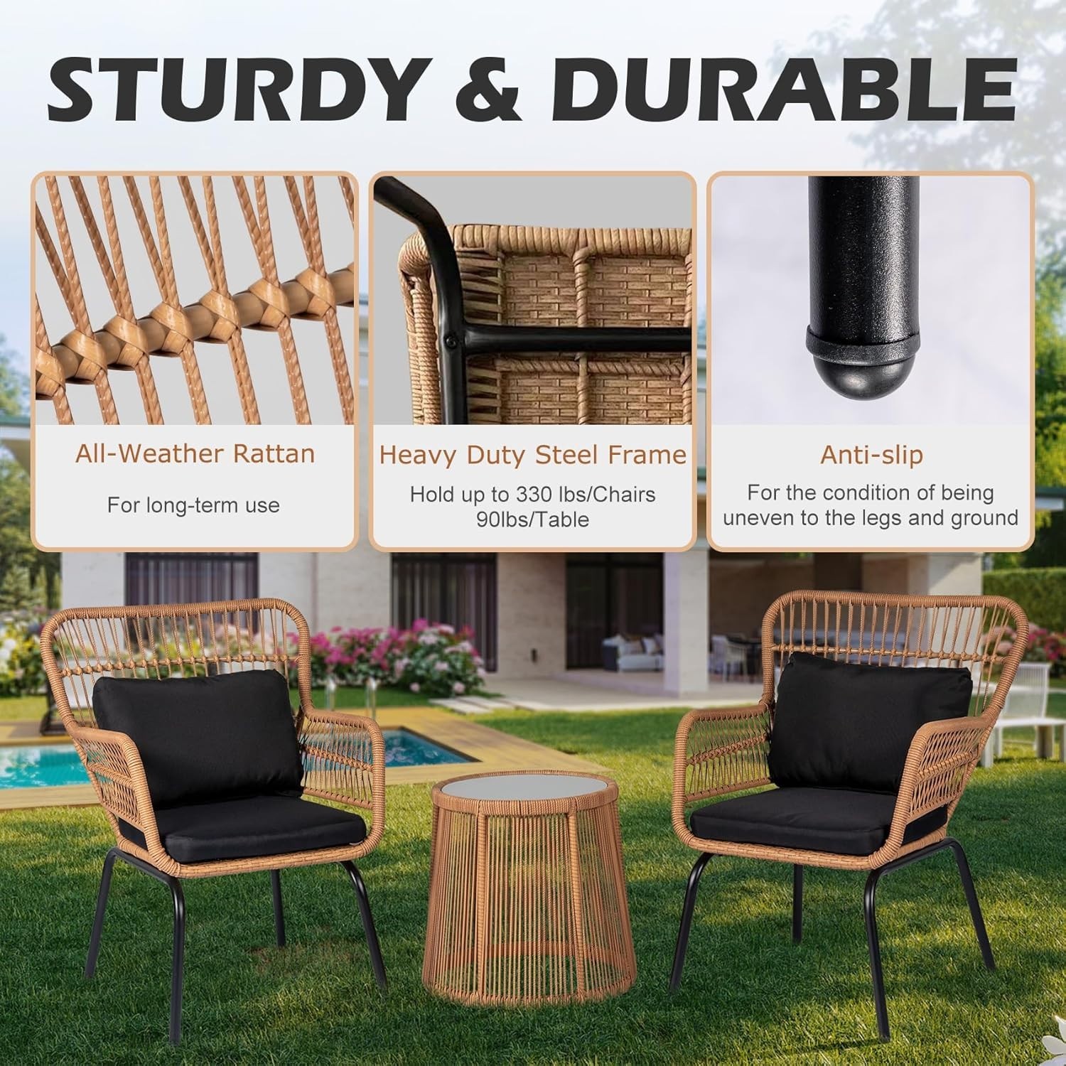 Bistro Set Chair & Table Set Wicker Rattan 3Pcs Outdoor Bistro Set, Yellow/Black