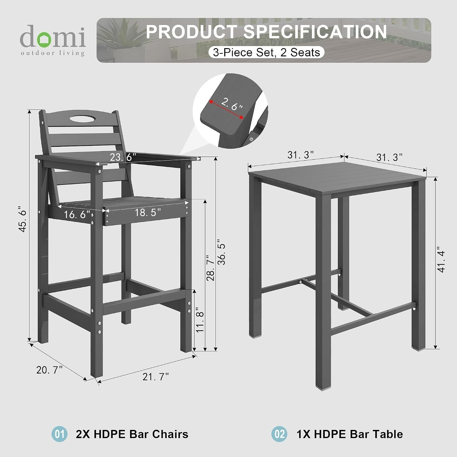 Domi 3Pcs HDPE Adirondack Patio Bar Set(1Table+2Chair)for Balcony,Backyard,Grey