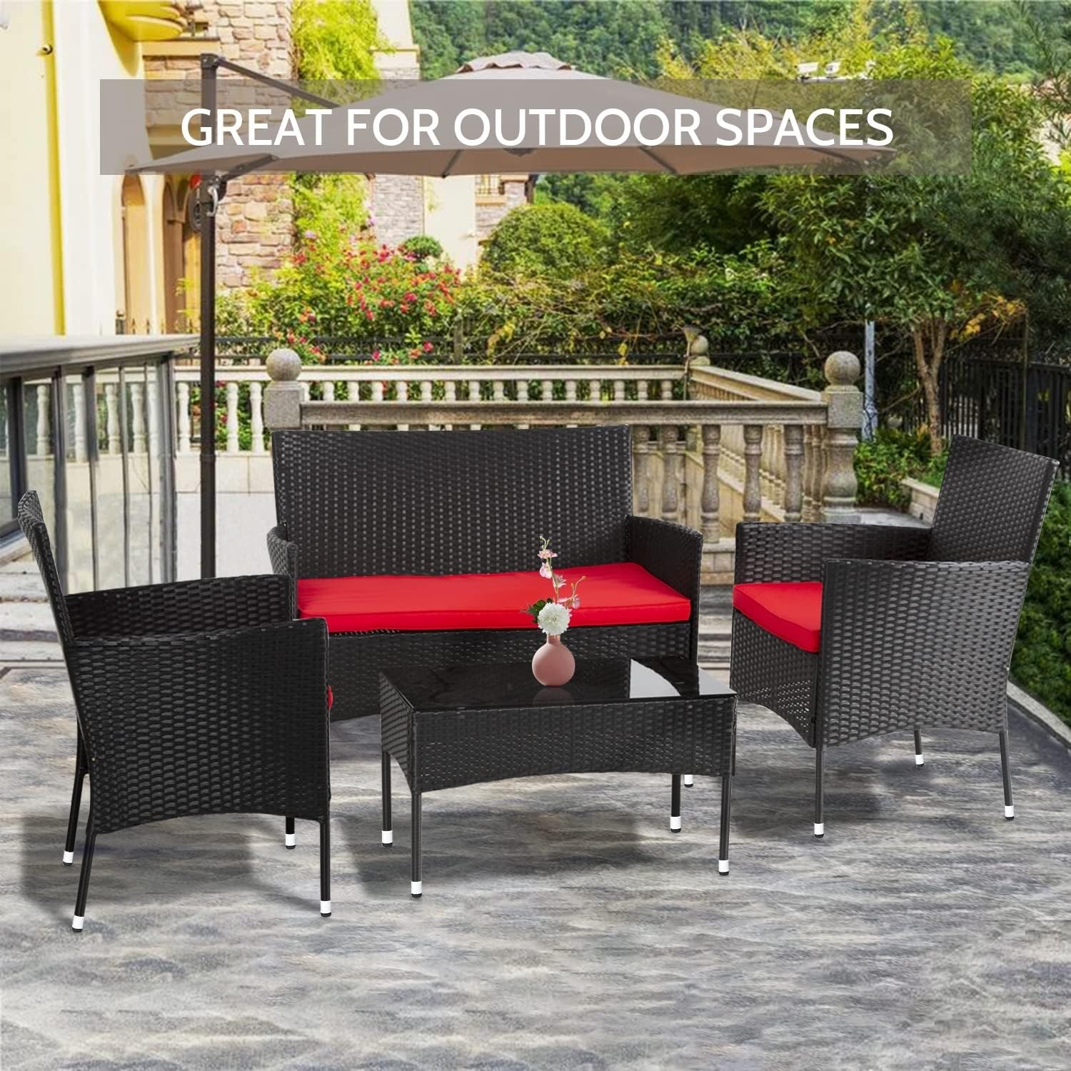 Modern Rattan Conversation Set with Tempered Glass Table for Indoor Outdoor Use