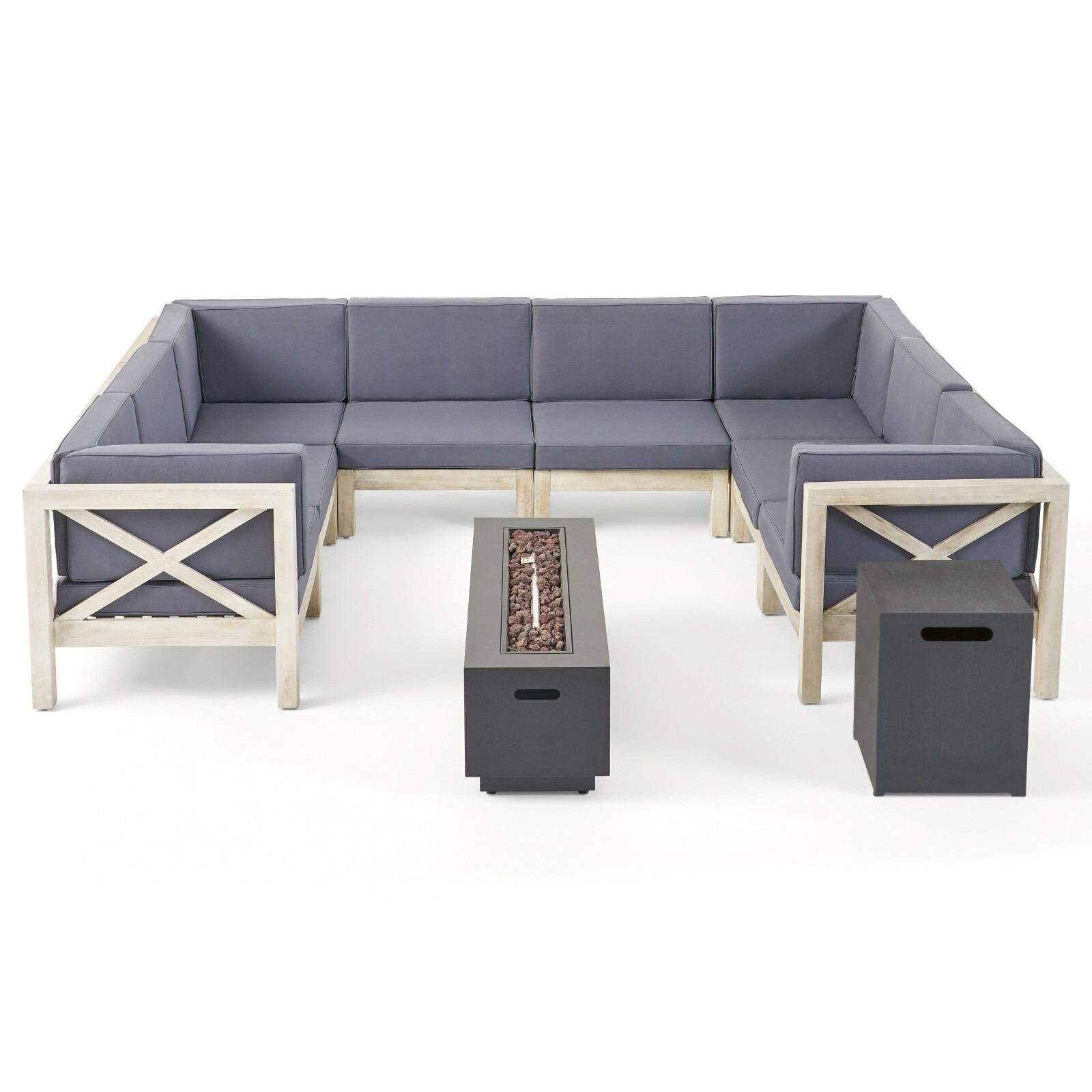 Muriel Outdoor Farmhouse Acacia Wood 8 Seater U-Shaped Sectional Sofa Set with F