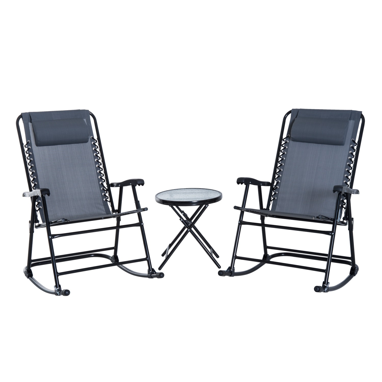 3 Piece Outdoor Folding Patio Table and 2 Rocking Chairs Cafe Small Bistro Set
