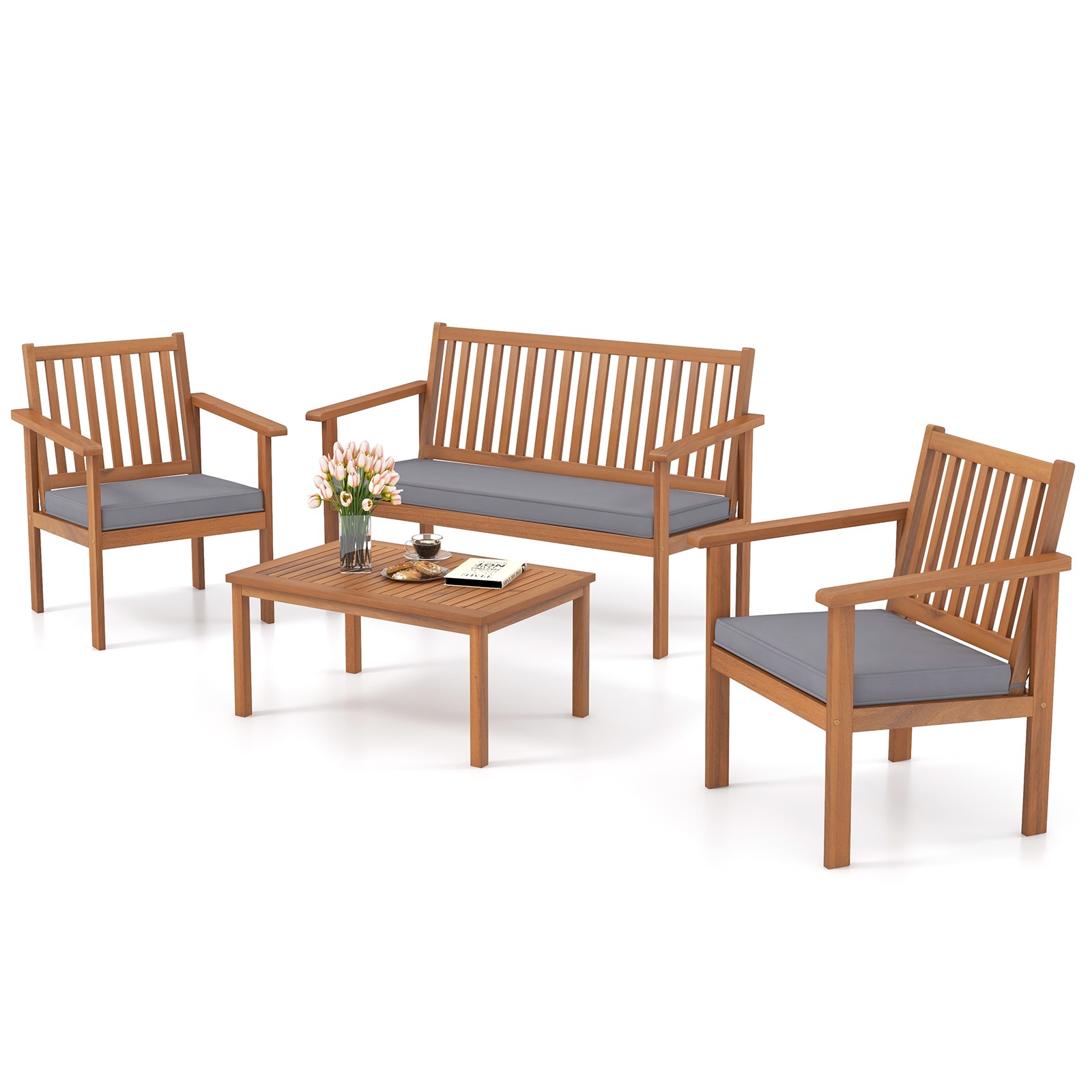 4 PCS Patio Wood Furniture Set w/ Loveseat 2 Chairs & Coffee Table Cushions