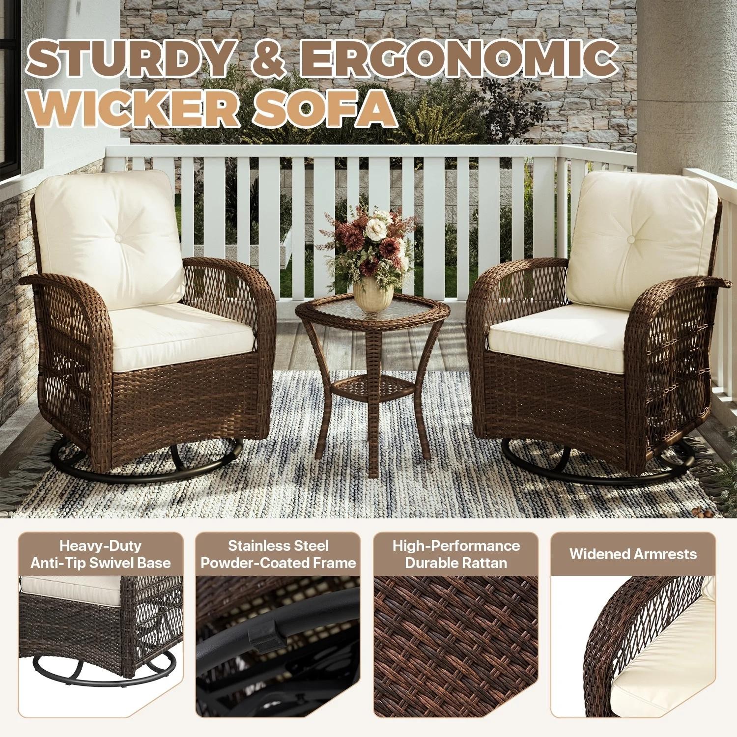 3 PCS Swivel Glider Chairs Wicker Rattan Bistro Set Outdoor Table 2 Chairs Beige