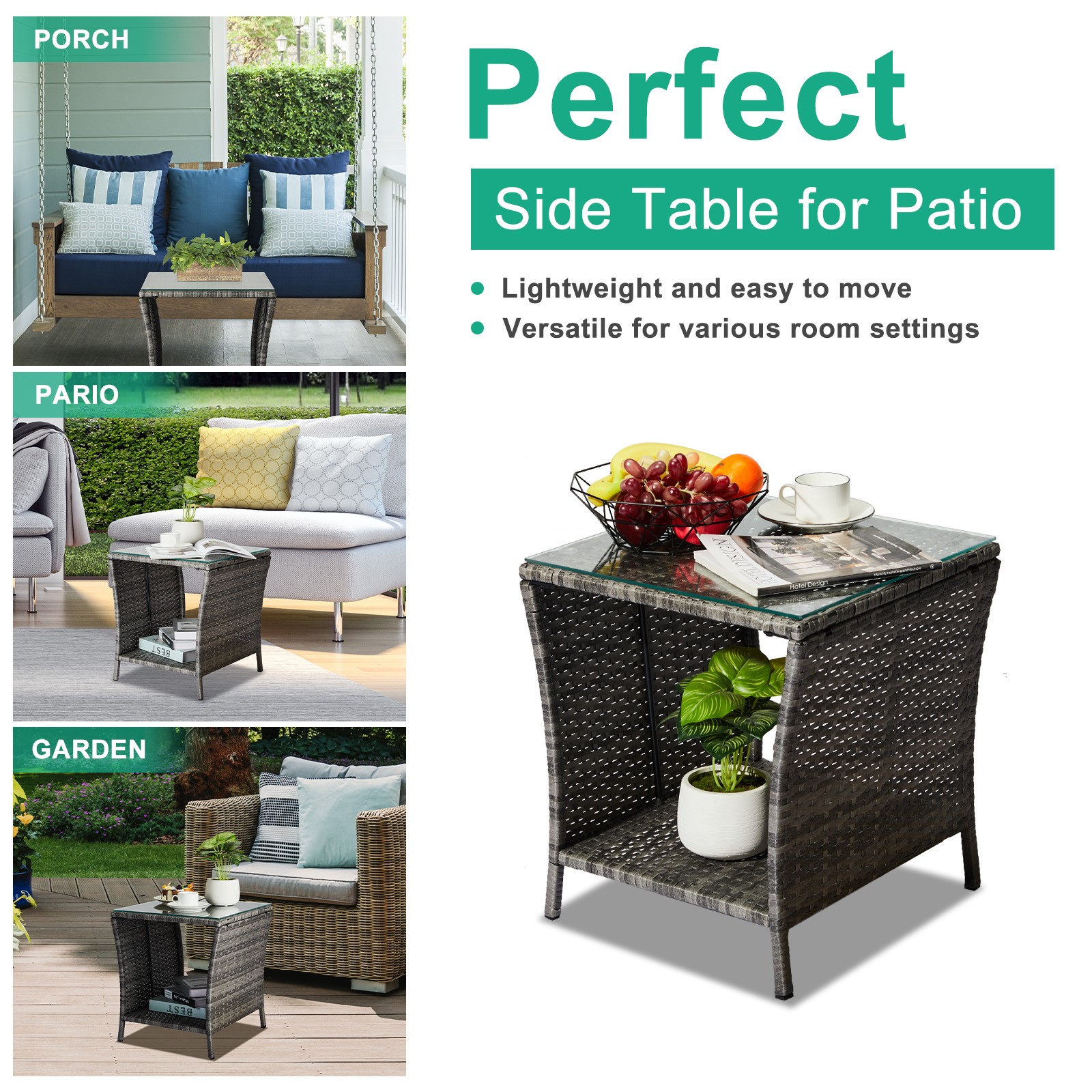 Outdoor Patio Wicker Square Side Table with Glass Top Storage Shelf 2 Colors