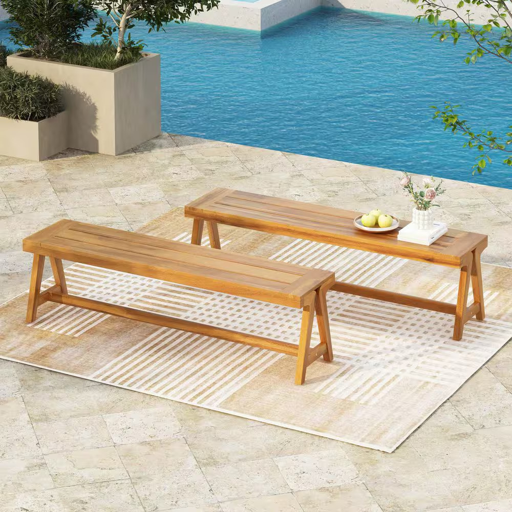 Outdoor Acacia Wood Dining Benches Set of 2, Patio Ottoman for Backyard, Garden,