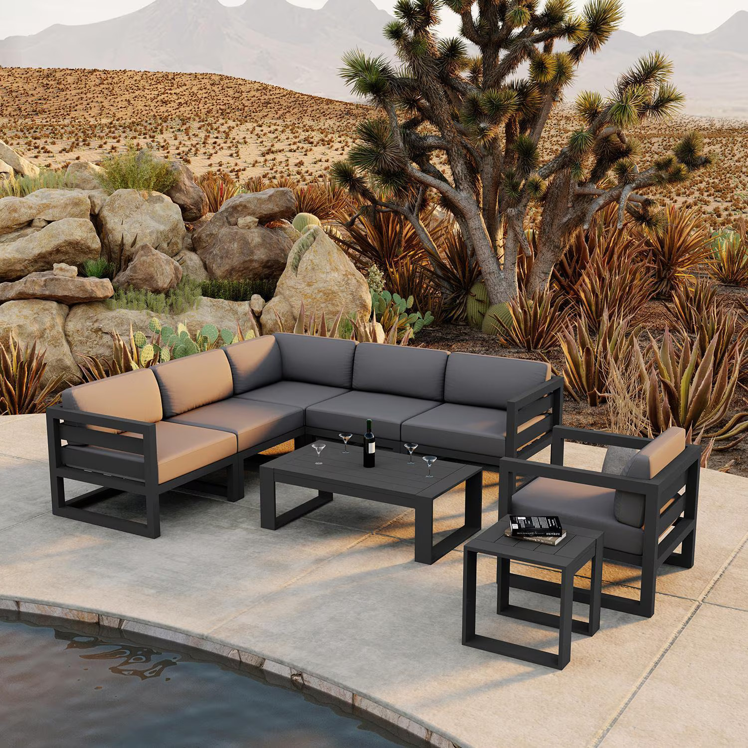 Misty Cove 8 Pc Aluminum Seating Set Sectional in Slate/Canvas Charcoal by