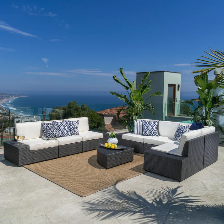 8-Piece Patio Sectional Sofa Set w/ Coffee Table, Grey/White