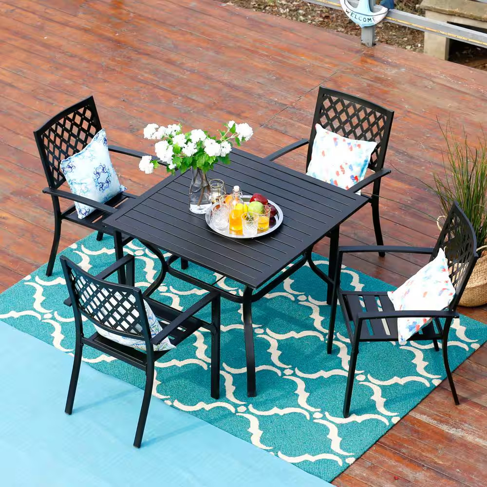 Black 5-Piece Metal Outdoor Patio Dining Set with Slat Square Table and Elegant