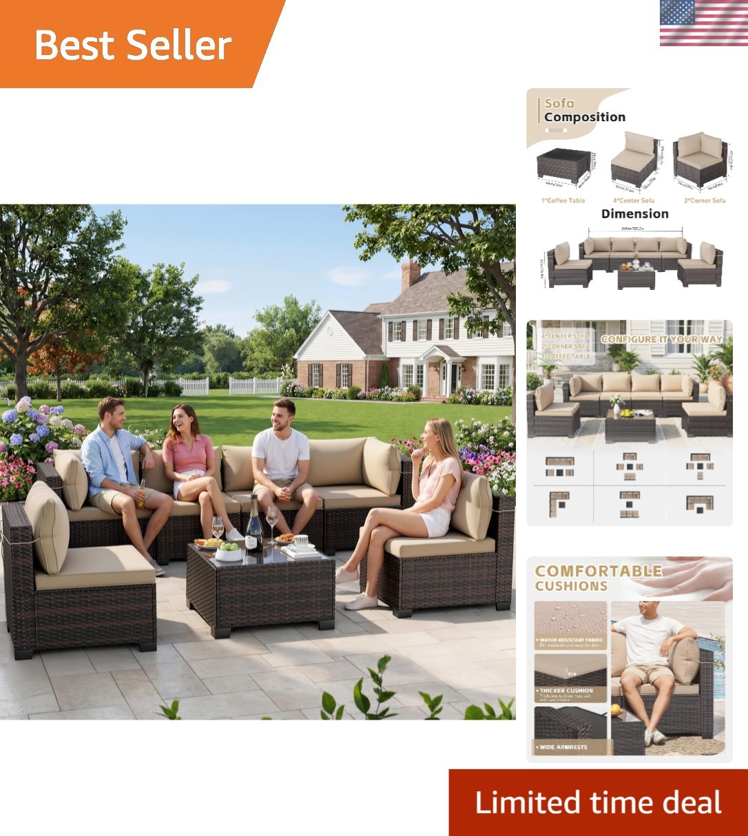 Durable 7-Piece Patio Furniture Set – Modular Rattan Sectional with Glass Table