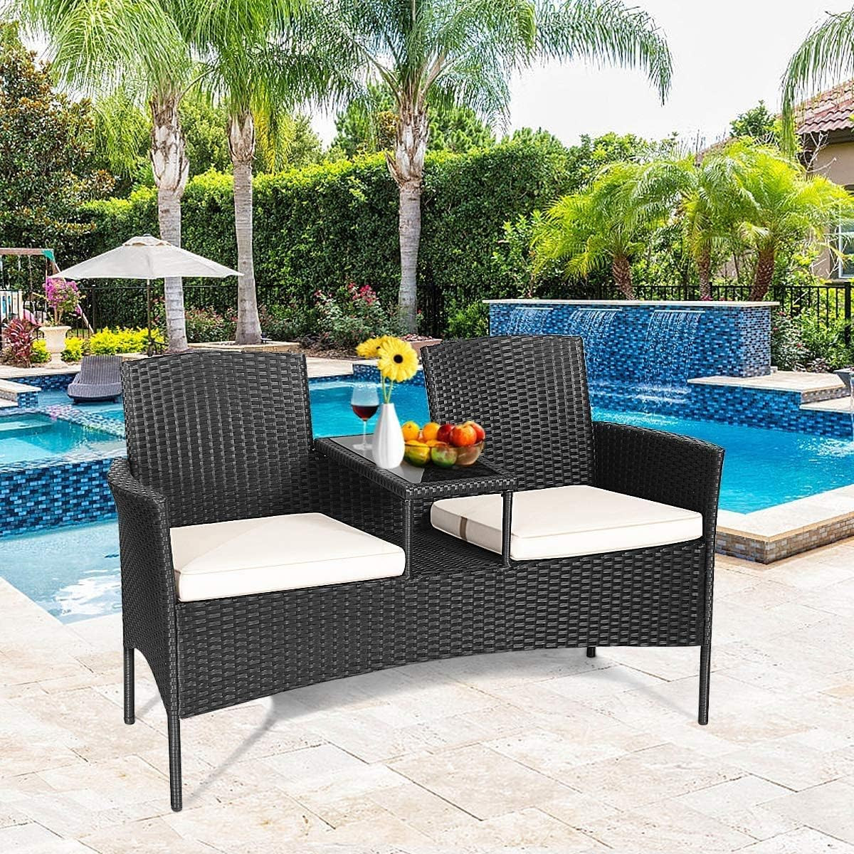 HAPPYGRILL Rattan Wicker Loveseat with Coffee Table Outdoor Patio Loveseat Conve