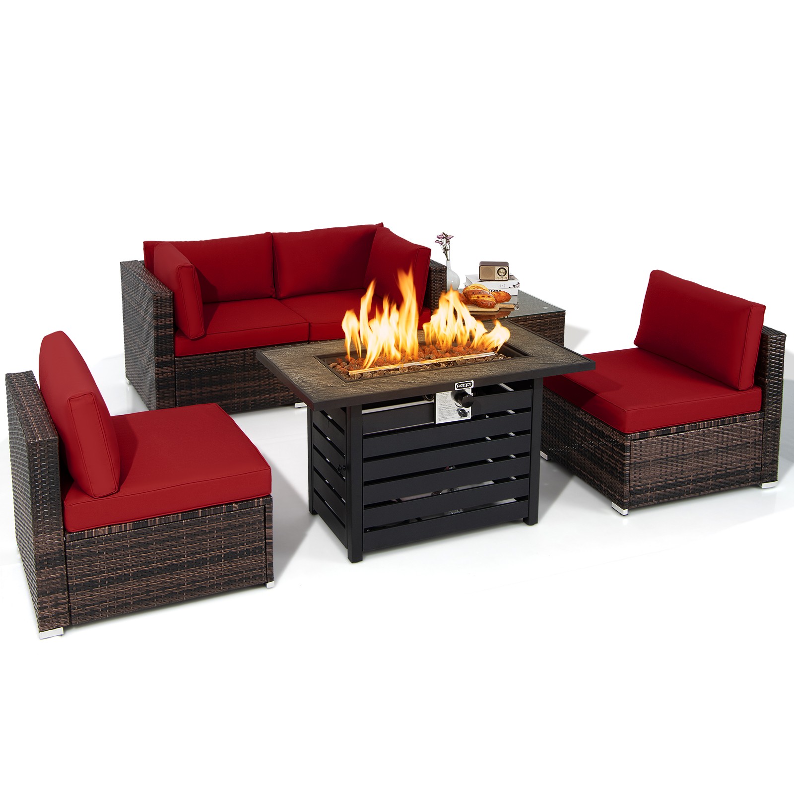 6PCS Patio Rattan Furniture Set w/Gas Fire Pit Table 50,000 BTU Heat Output Red