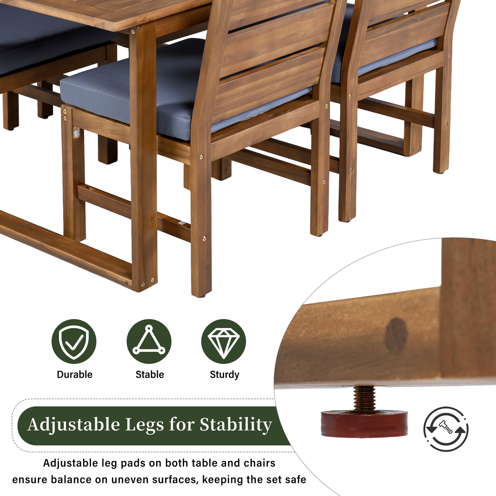 Acacia Wood Outdoor Dining Set for 4 with Cushions, Farmhouse Style