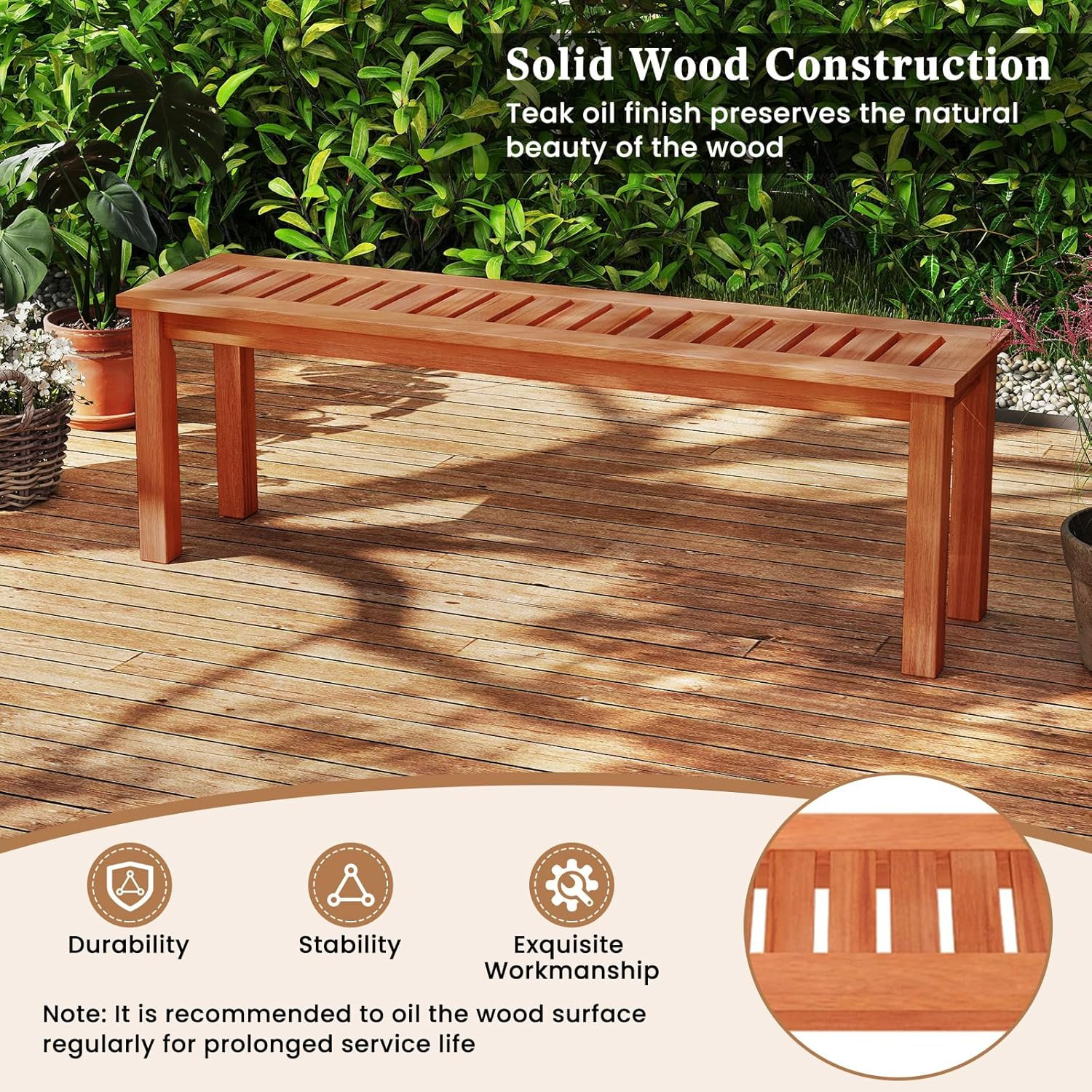 47″ Solid Wood Outdoor Bench, 705Lbs Capacity, Teak Finish, 2-Person Seat