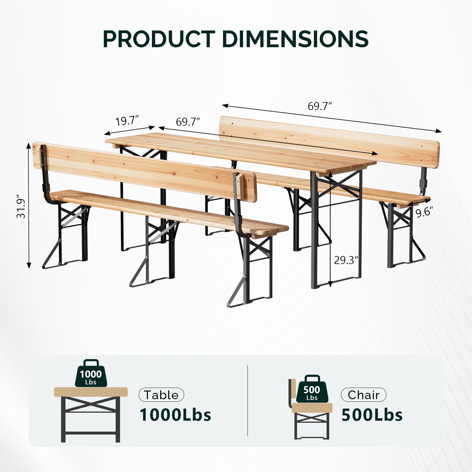 Wooden Picnic Dining Set Table Beer Bench Folding with Backrest for Garden Party
