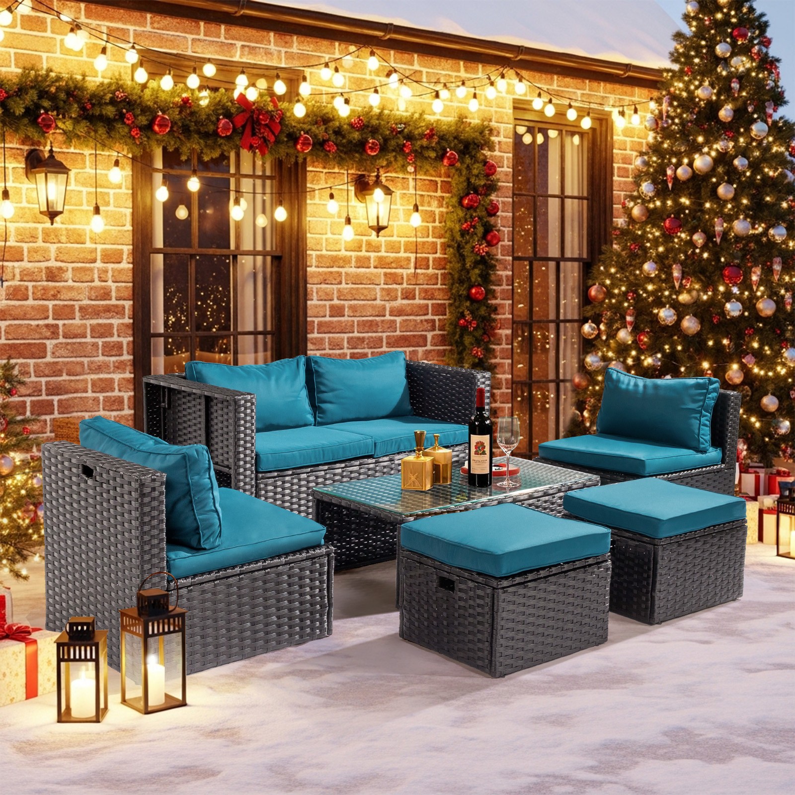 6 Piece Outdoor Patio Rattan Sectional Furniture Chair Set with Table, Footstool