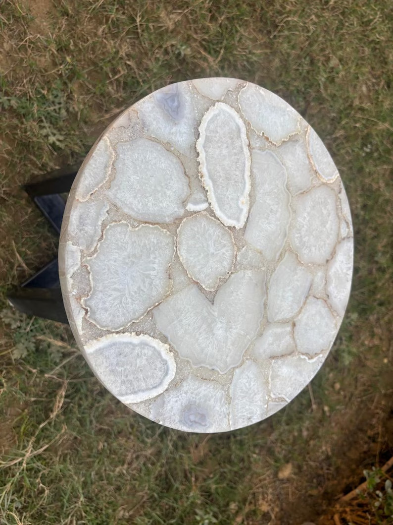 White Agate Geode Square Side Table – Luxury Crystal Stone End Table, Handmade