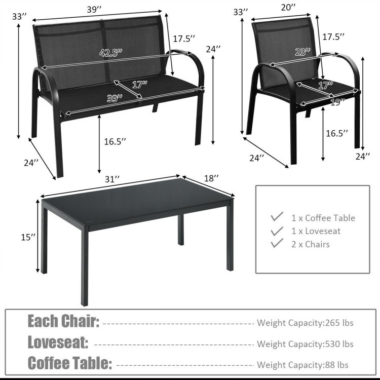 4-Piece Modern Patio Set: Steel Base, Fabric Seats, Tempered Glass Table