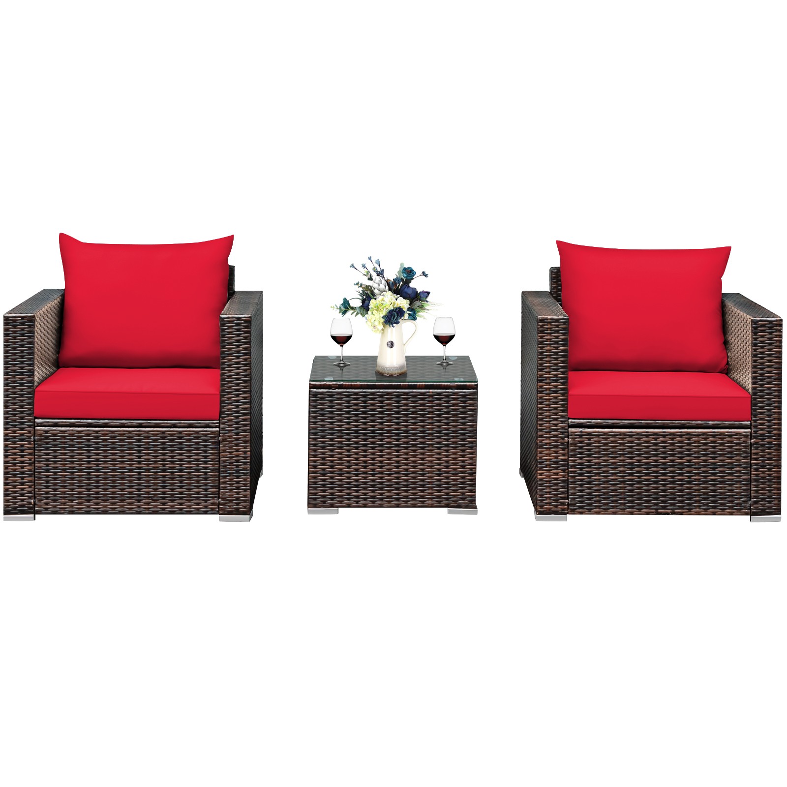 Patiojoy 3PCS Patio Rattan Furniture Set Conversation Sofa Cushioned Garden Red