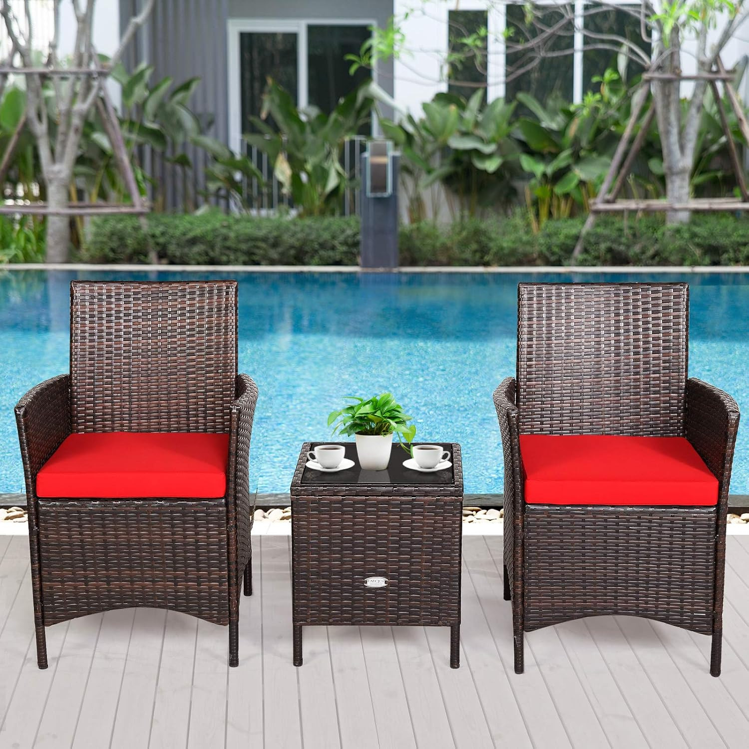 3 Pieces Patio Rattan Furniture Set, Outdoor Wicker Cushioned Sofa with Tempered