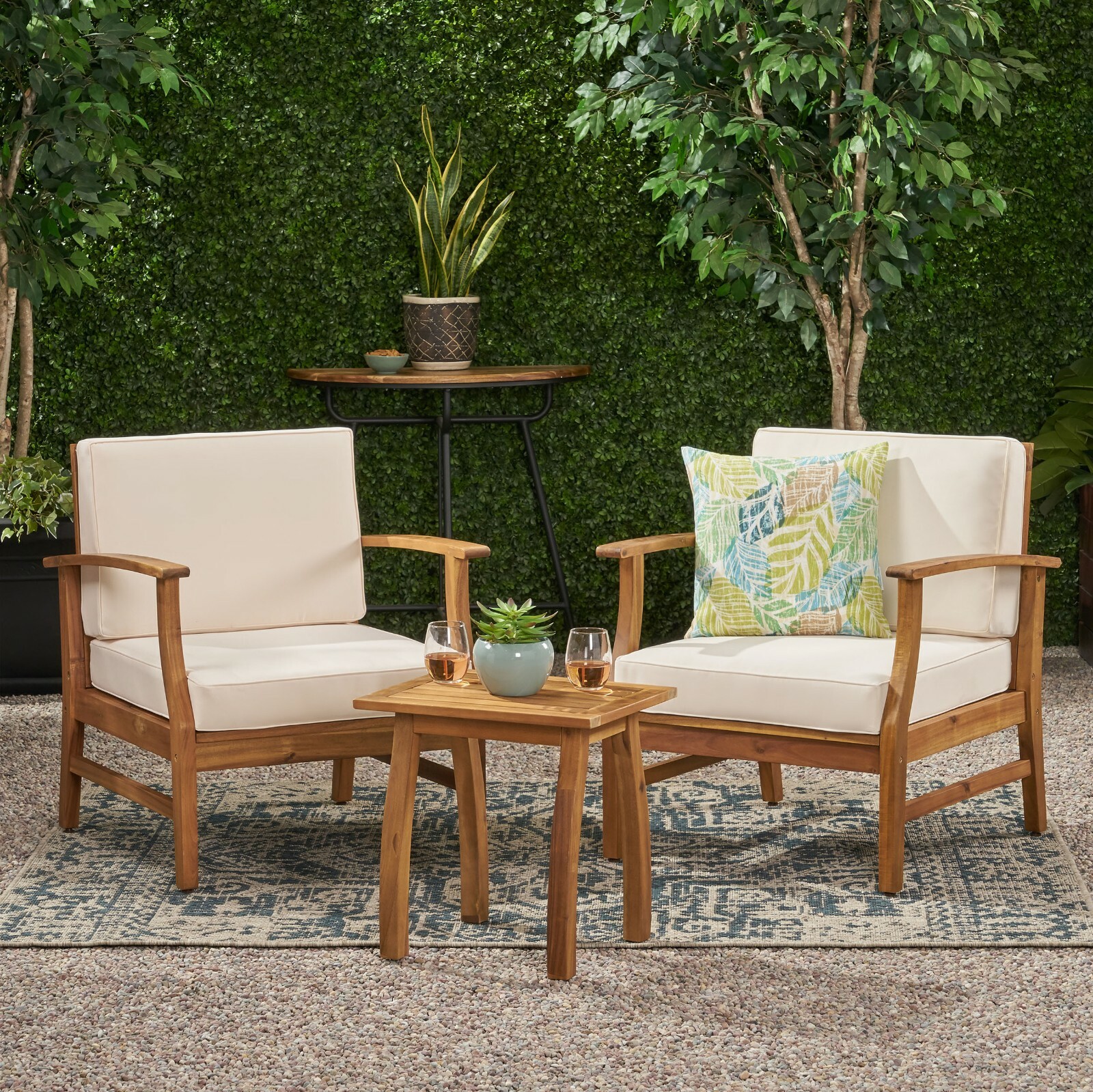 Pearl Outdoor 3 Piece Acacia Wood Chat Set with Water Resistant Cushions