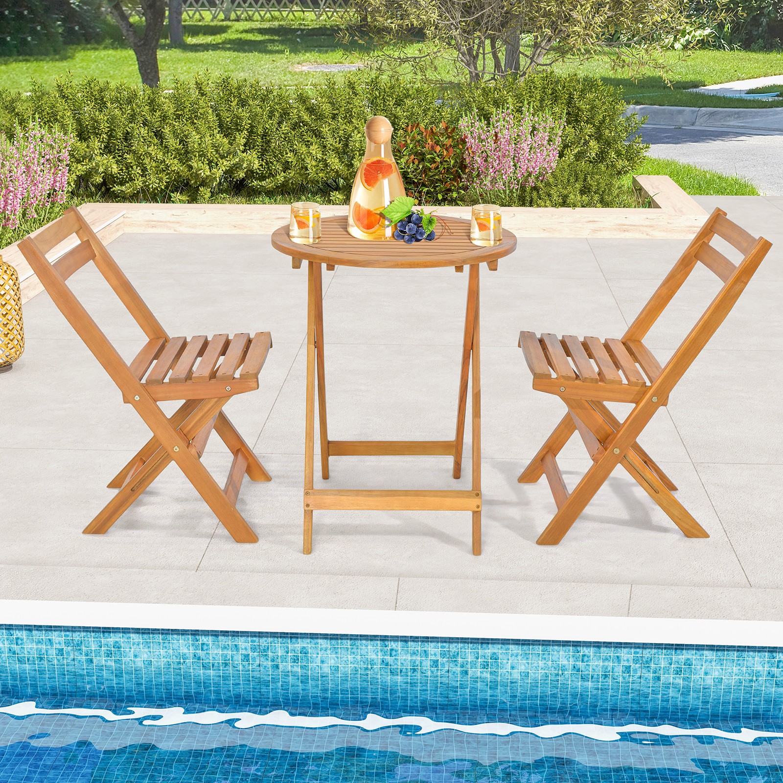 3PCS Folding Outdoor Set Solid Acacia Wood Table Chairs No Installation Required