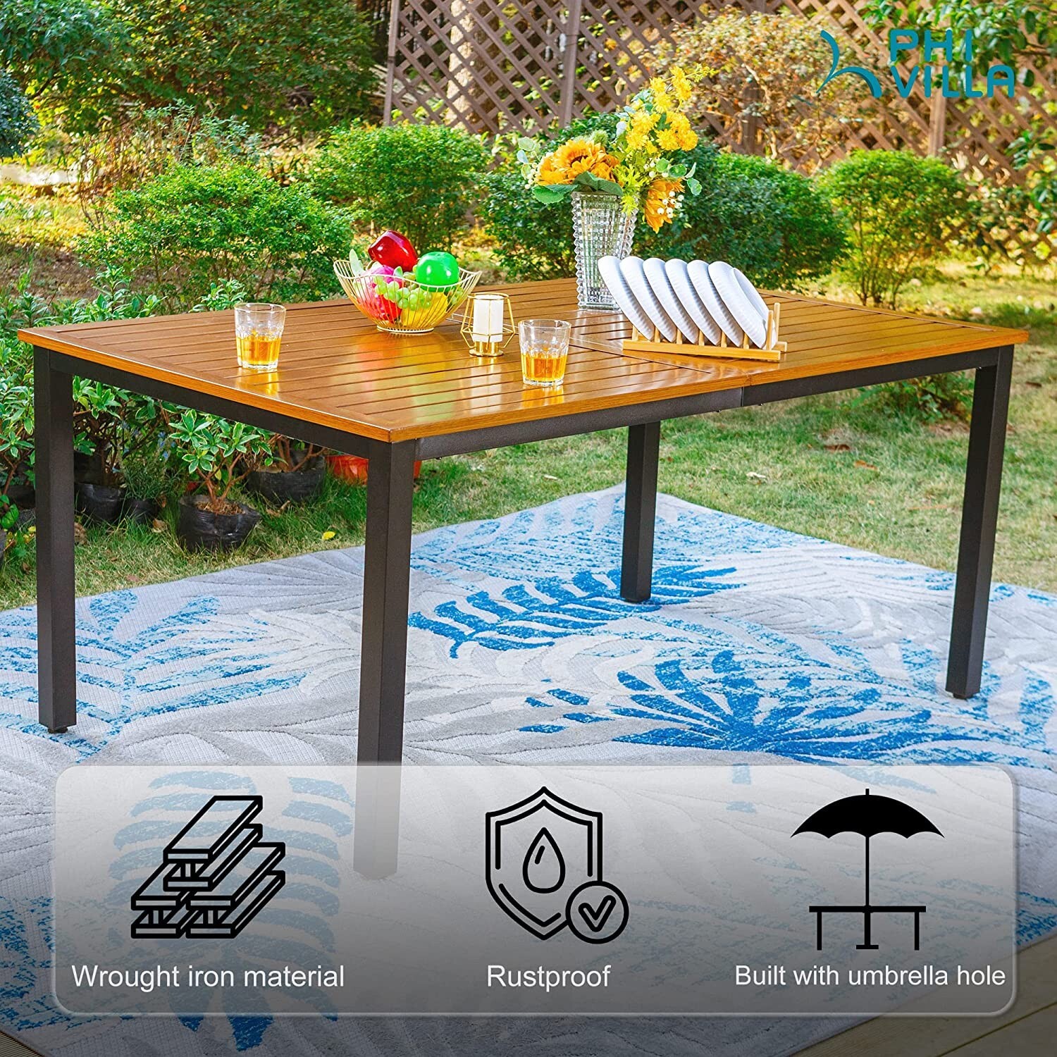 7-PCS Outdoor Patio Dining Set Wood-like Table with Umbrella Hole 6 Chairs