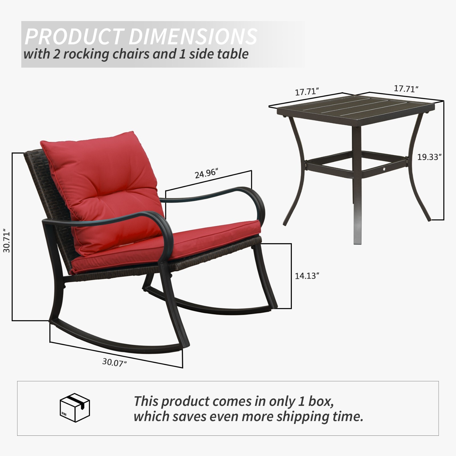 Domi 3 Pieces Bistro Set Outdoor Rocking Chair Wicker Patio Set w/1 Table(Red)