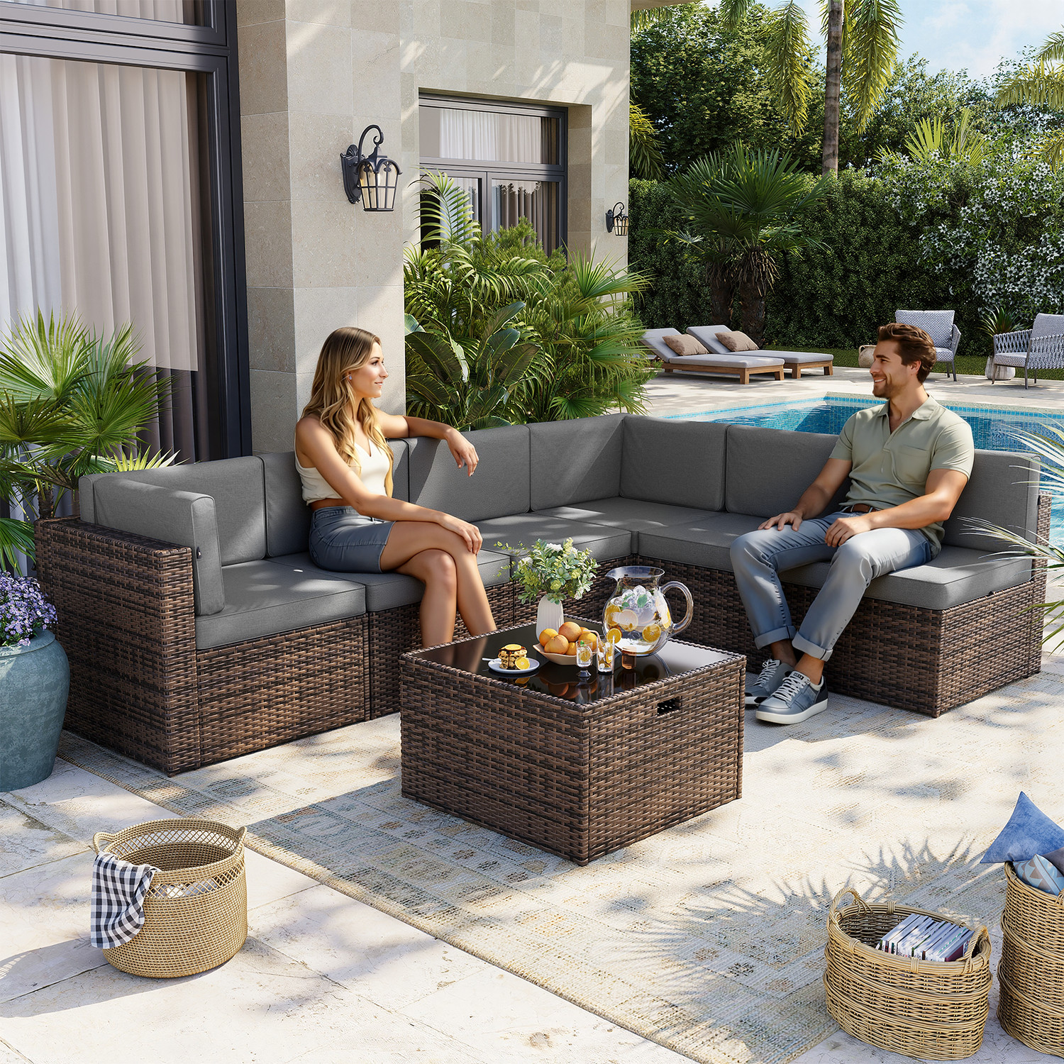 7-Piece Brown Rattan Sofa Set Dark GrayCushions Coffee Table