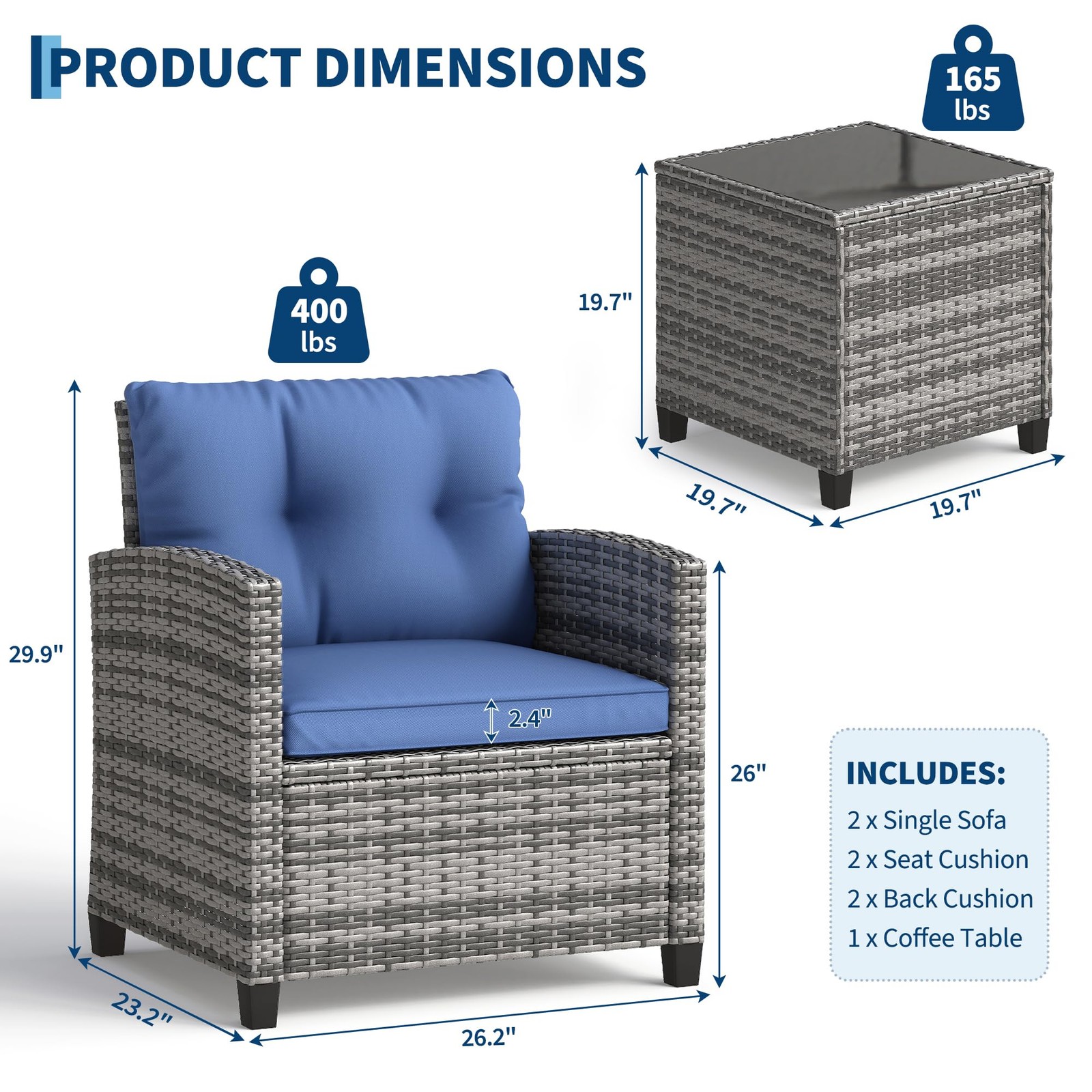 Garvee Outdoor Wicker Chairs,3 Pieces Patio Furniture Set,All Weather High Ba…