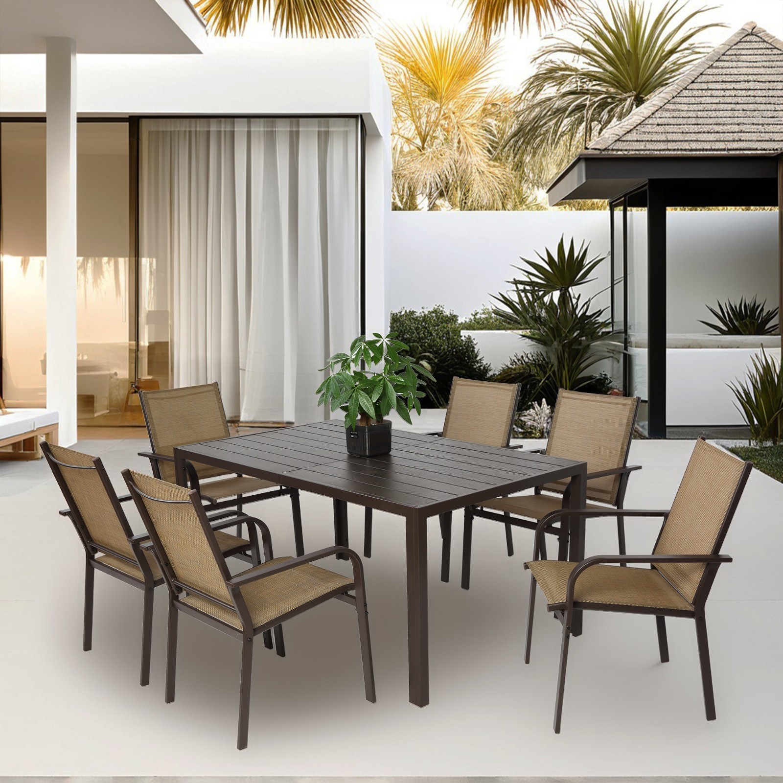 7 Pieces Patio Dining Set for 6 Outdoor Furniture Dinner Chairs Table Plastic