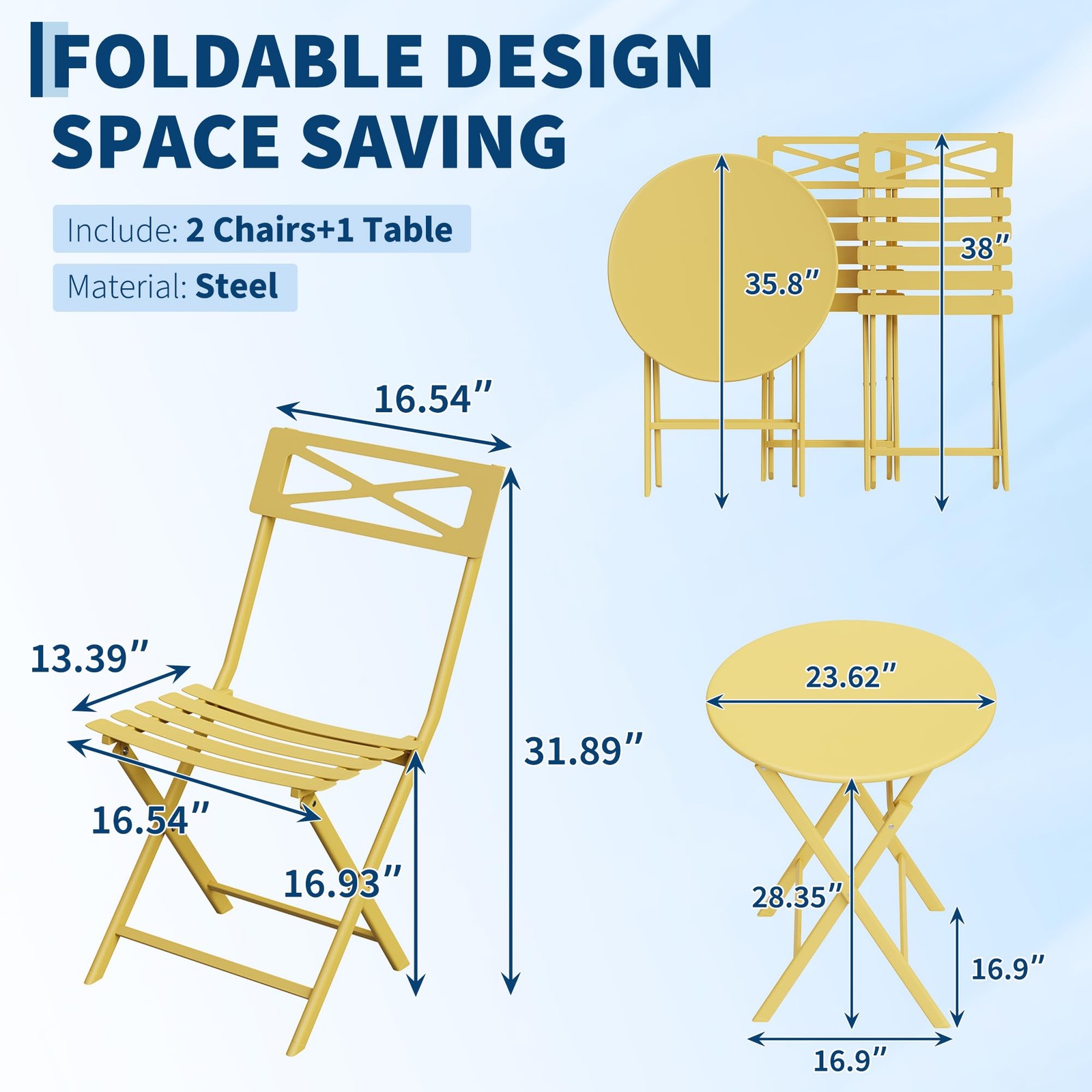 3pcs Folding Bistro Set ,Outdoor Patio Furniture Set All-Weather Table and Chair