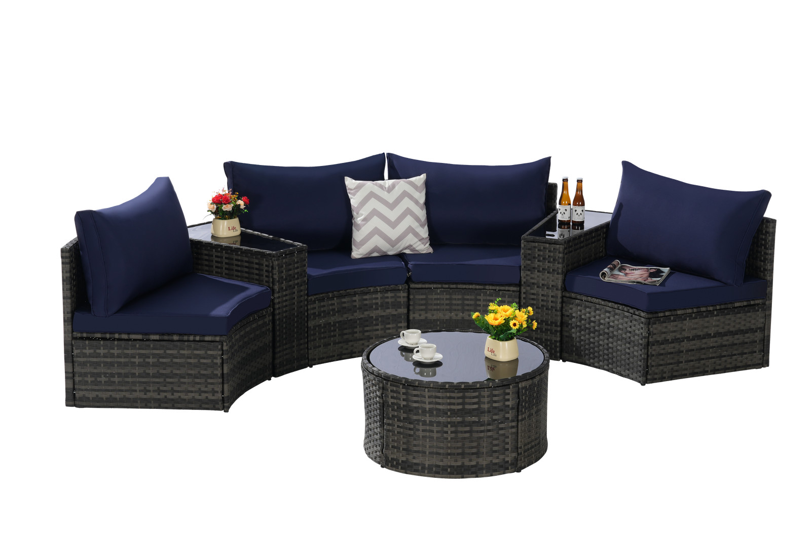 7 PC Patio Sectional Sofa Set w/Glass Coffee Table, Dark Blue Cushions