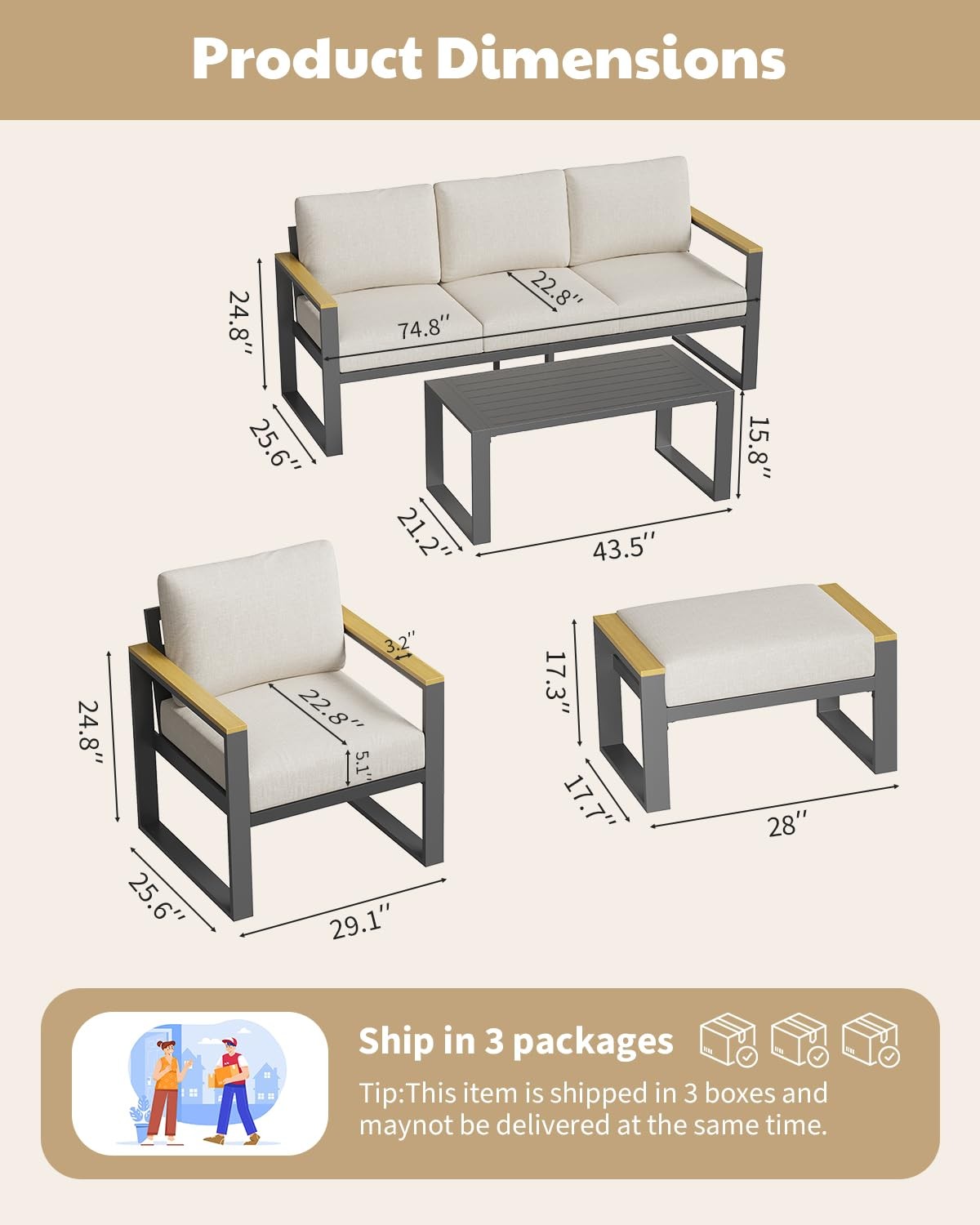 3-Seat Aluminum Sofa and Coffee Table, Aluminum Patio Patio Conversation Pcs 1