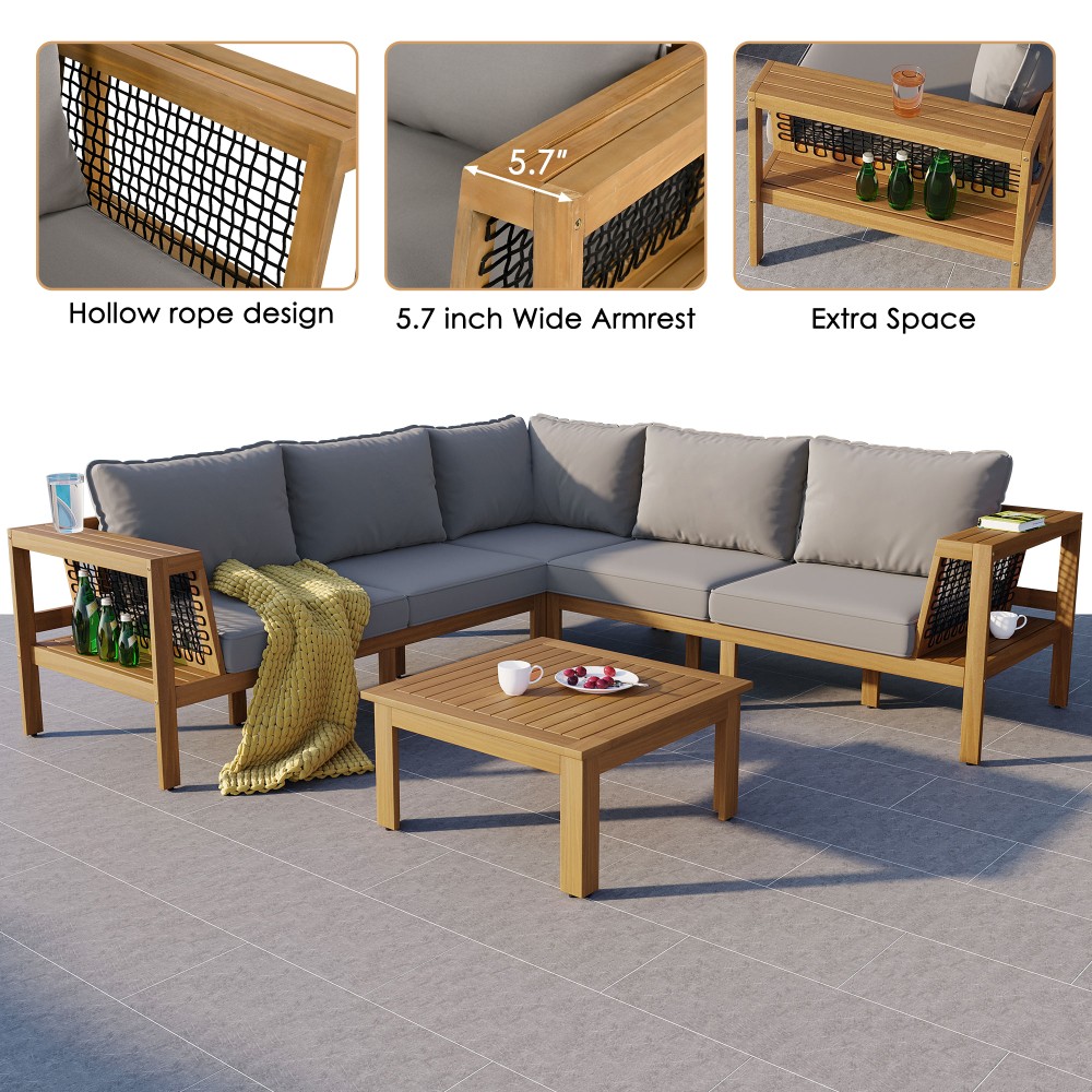 4-Piece Acacia Wood Patio Sofa Set w/ Coffee Table – L-Shaped Outdoor Sectional