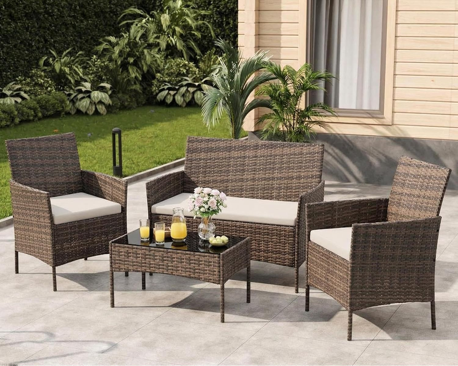 4-Piece Outdoor Furniture Set, PE Rattan Wicker Chairs with Soft Cushions & Temp