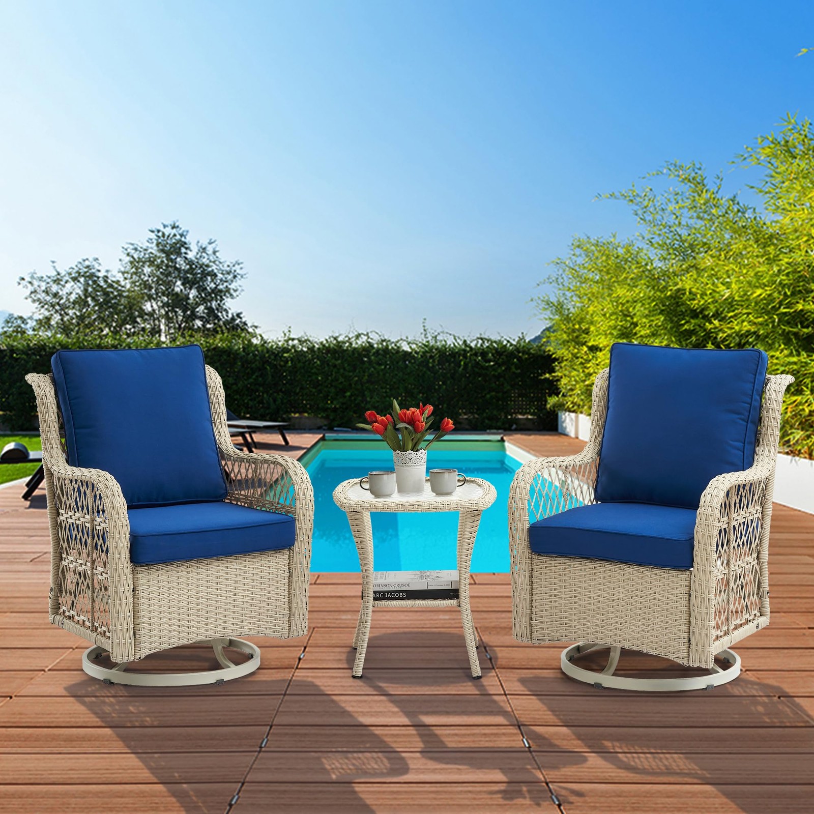 2 Swivel Chairs Tempered Glass Table 3 Piece Outdoor Wicker Bistro Set Grey