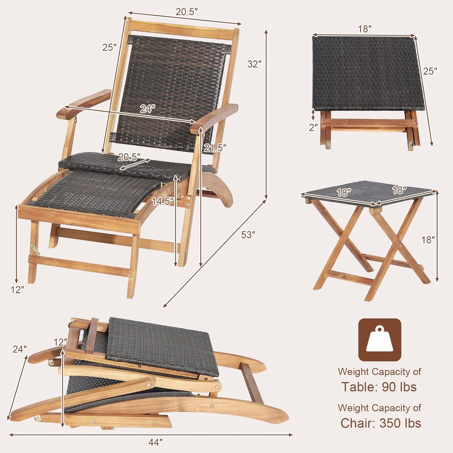 Patio Lounge Chair and Side Table Set of 2, Acacia Wood Wicker Folding Table and