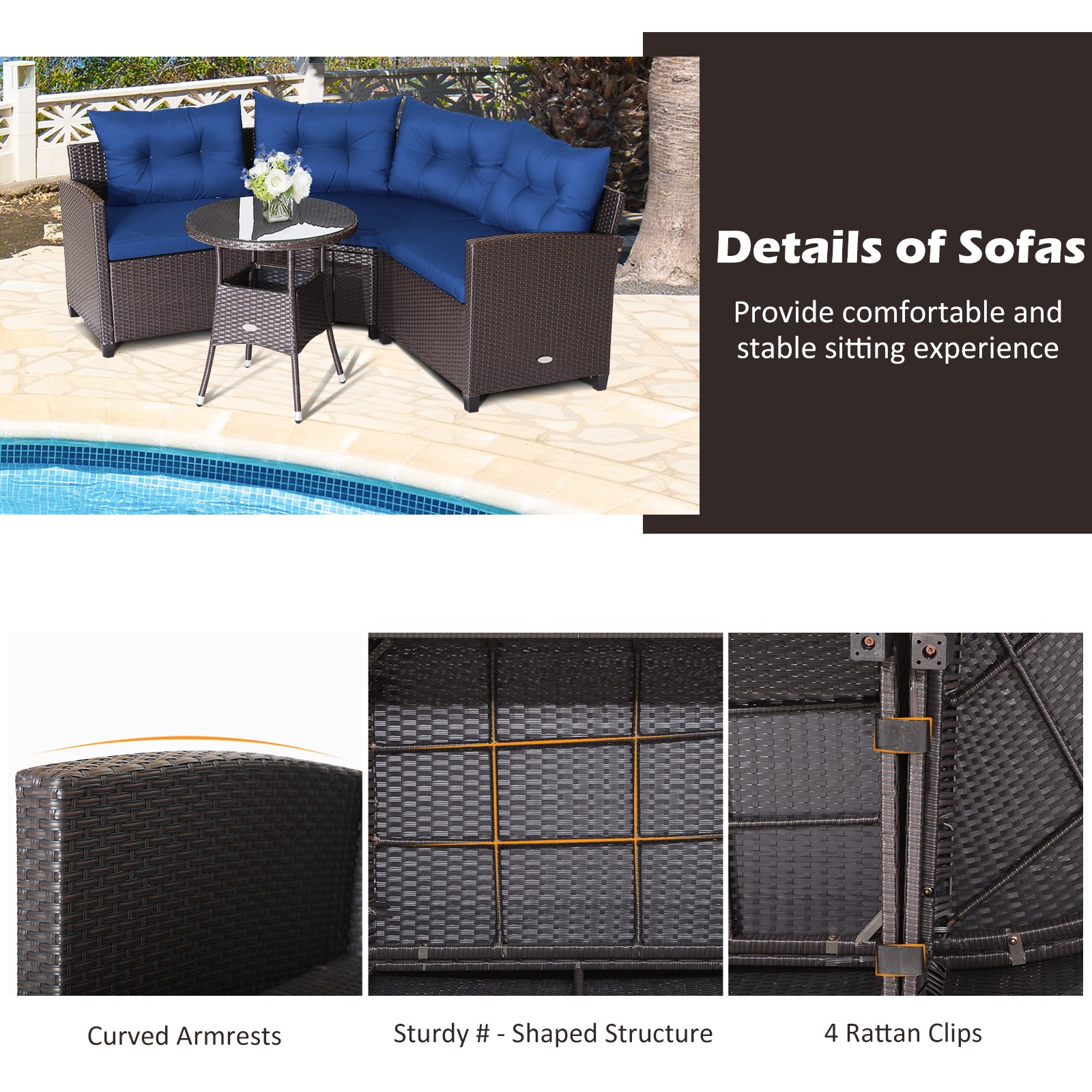 4 PCS Patio Rattan Sofa Set w/ Glass Table & Wide Seats Outdoor Backyard Navy