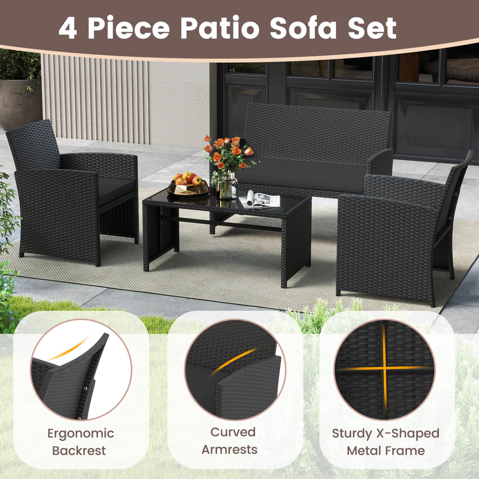 8 PCS Patio Conversation Set w/Seat Cushions & Tempered Glass Tabletop, Porch