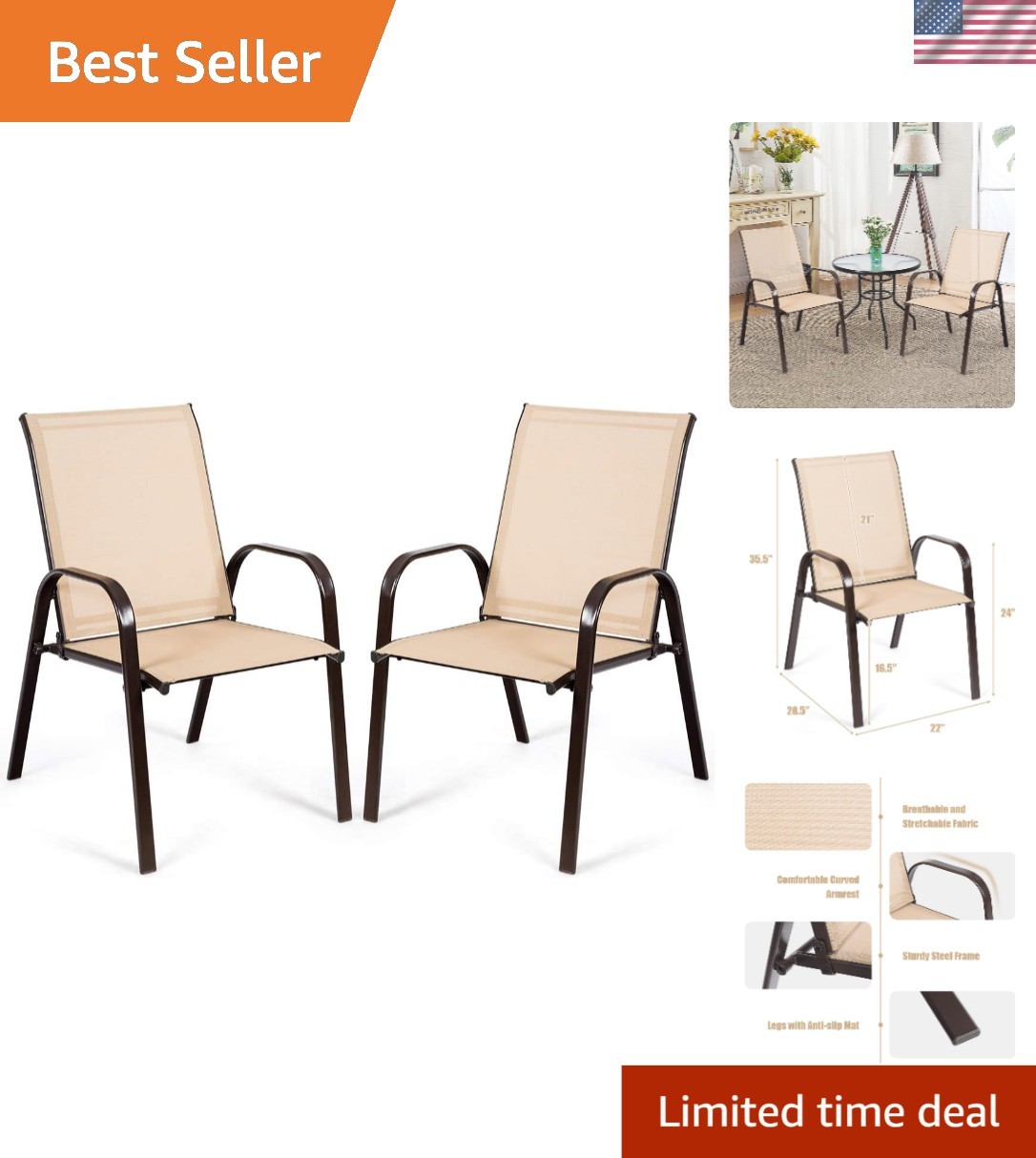 Contemporary Lightweight Patio Dining Chairs with Non-Slip Base & Easy Assembly